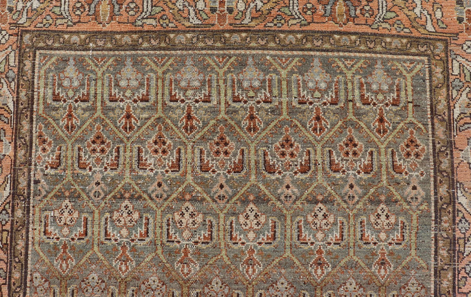 Kurdish Antique Gallery Runner with All-Over Tribal Design in Brown's and Pink In Good Condition For Sale In Atlanta, GA