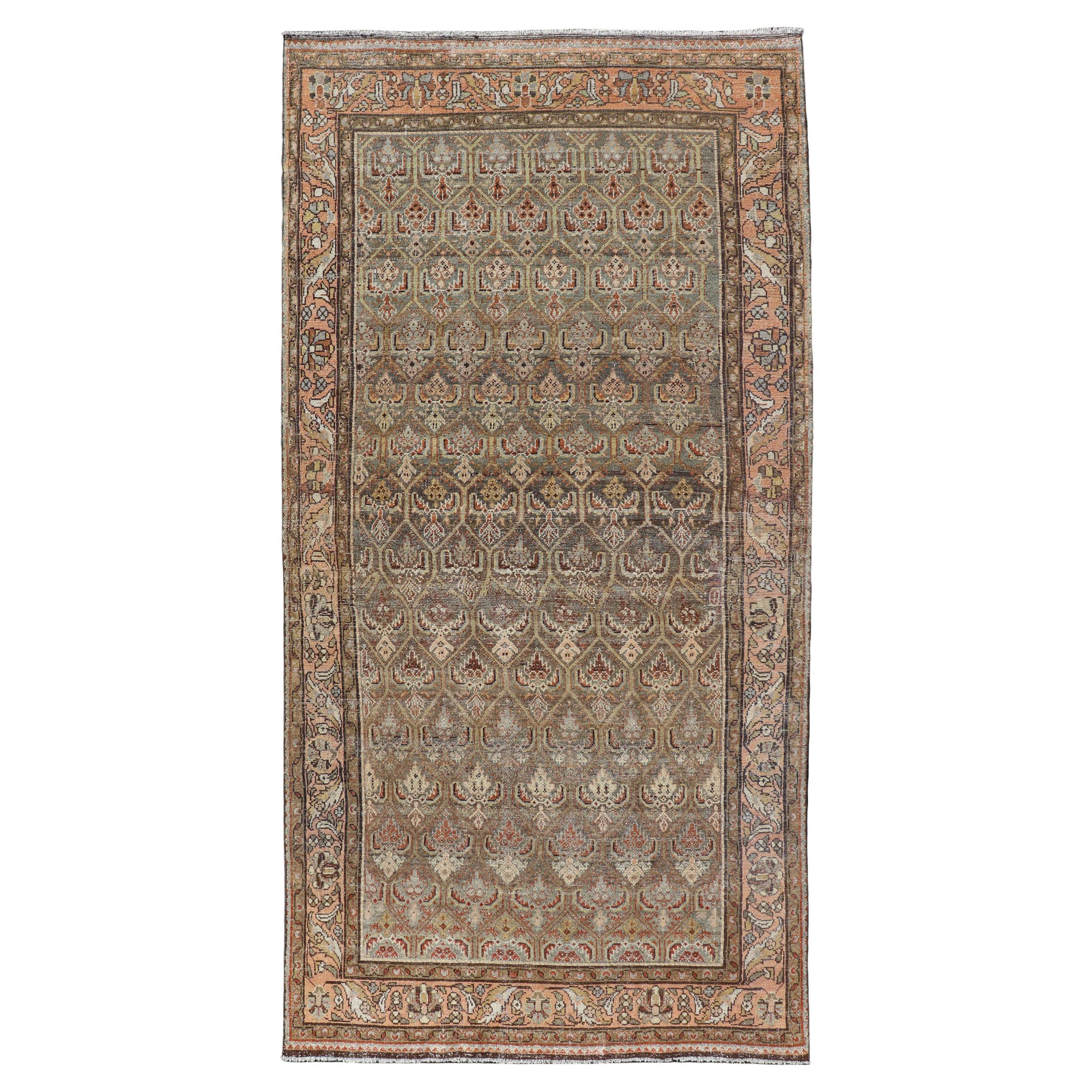 Kurdish Antique Gallery Runner with All-Over Tribal Design in Brown's and Pink For Sale