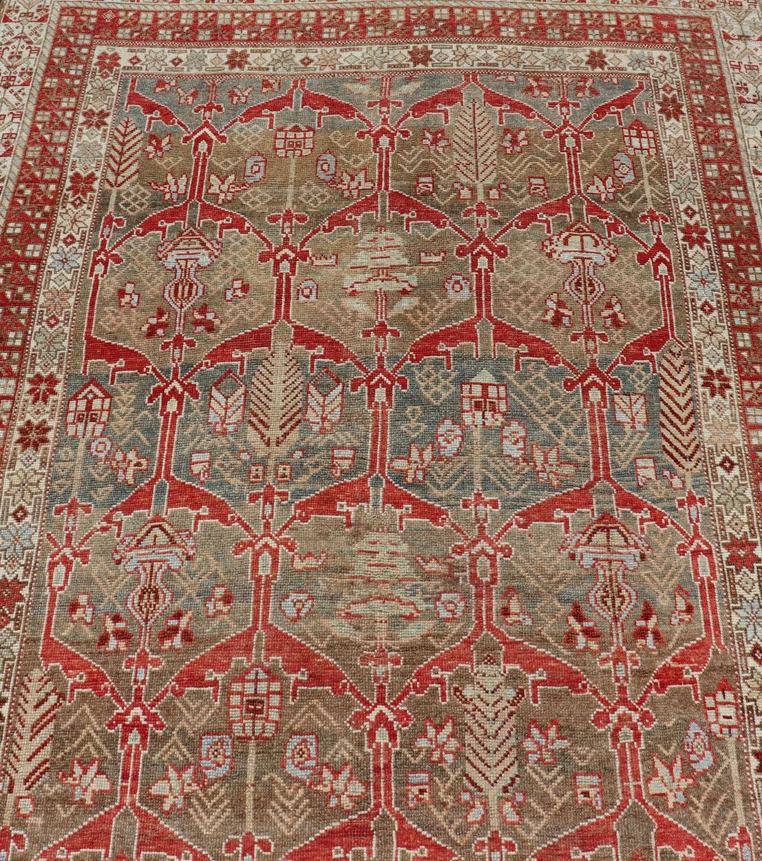 Kurdish Antique Gallery Runner with Tribal Design in Light Green, Tan and Red For Sale 3