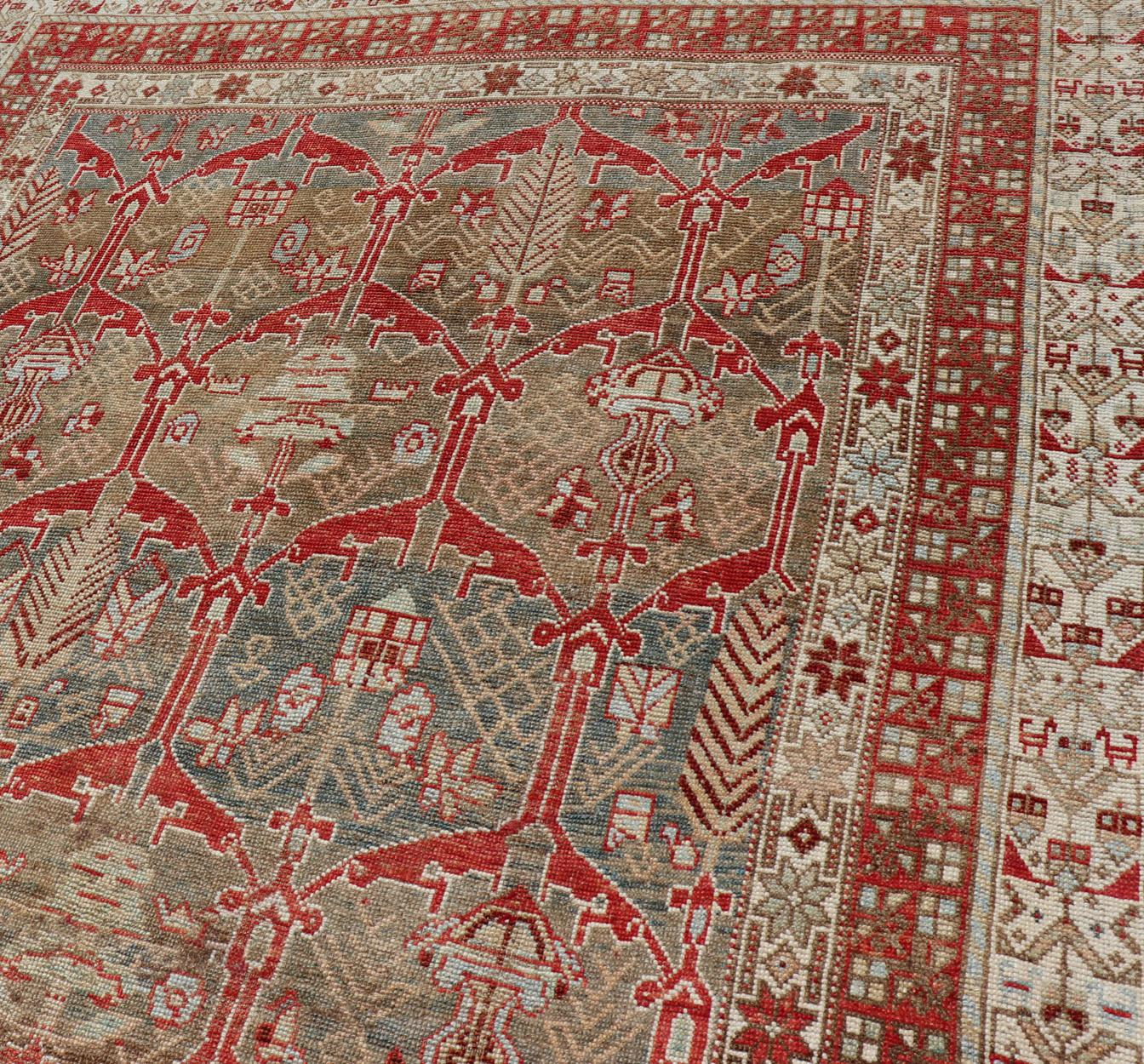 Kurdish Antique Gallery Runner with Tribal Design in Light Green, Tan and Red For Sale 4