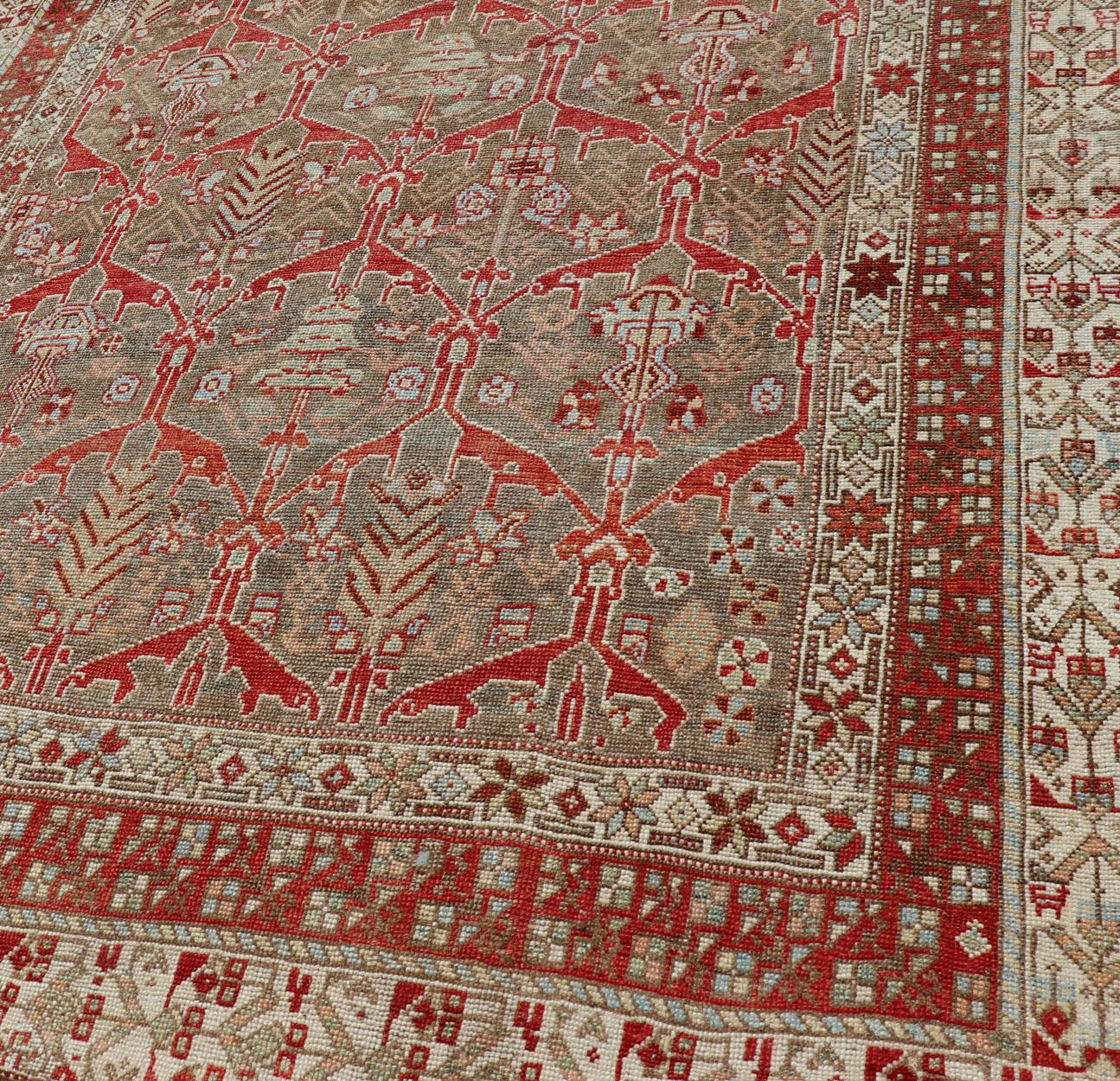 Kurdish Antique Gallery Runner with Tribal Design in Light Green, Tan and Red For Sale 5