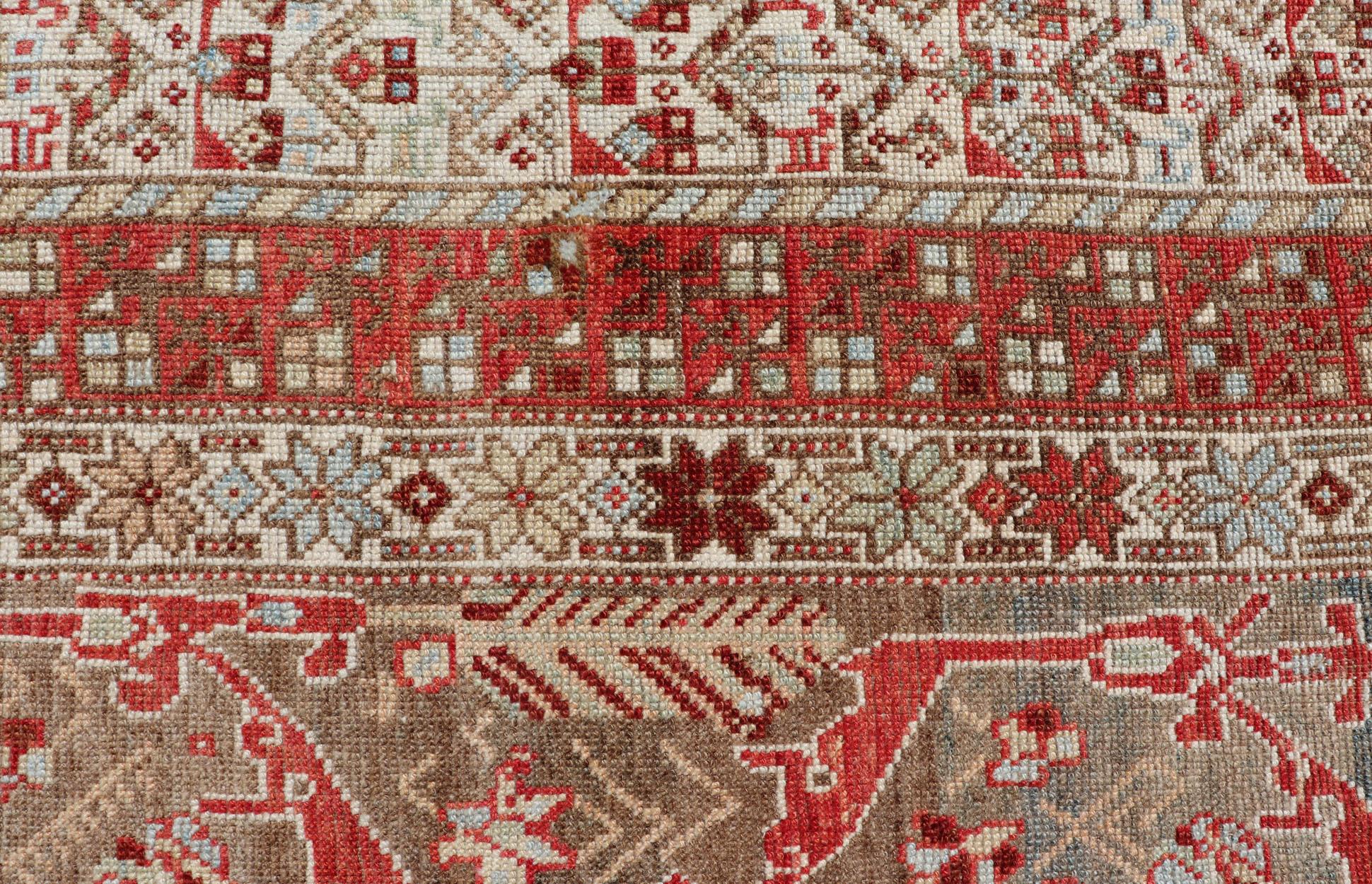 Kurdish Antique Gallery Runner with Tribal Design in Light Green, Tan and Red For Sale 6