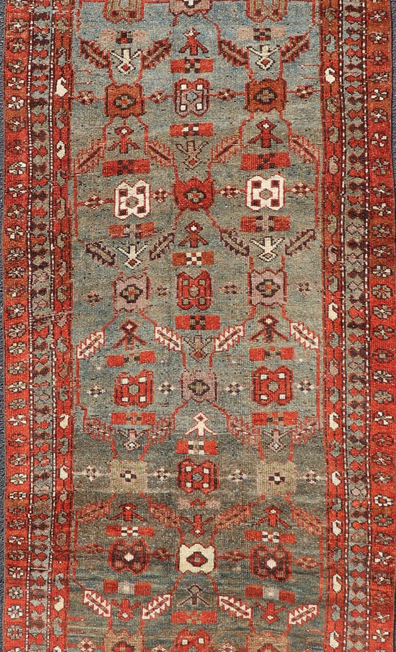 Malayer Kurdish Antique Runner in Vibrant Blue-Teal Background and Multi-Tiered Border For Sale