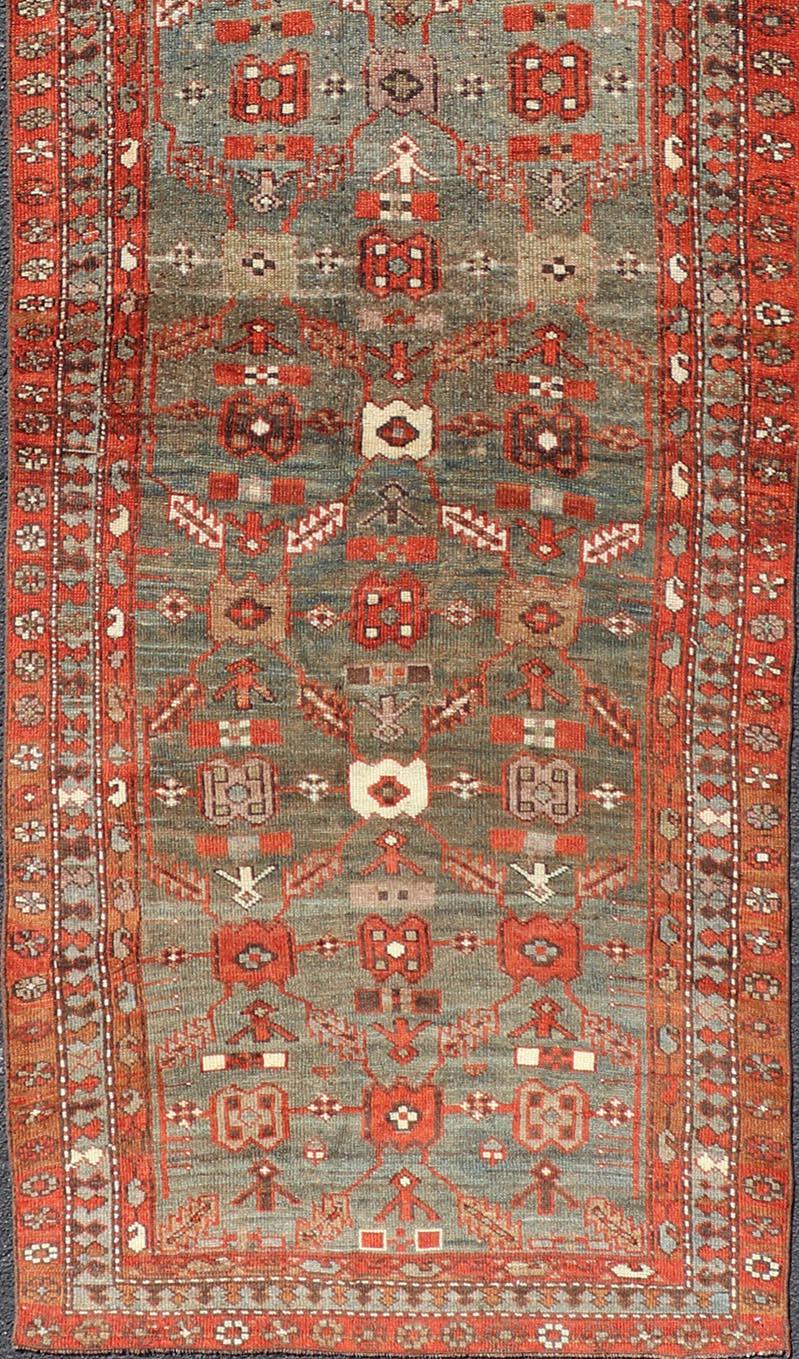 Persian Kurdish Antique Runner in Vibrant Blue-Teal Background and Multi-Tiered Border For Sale