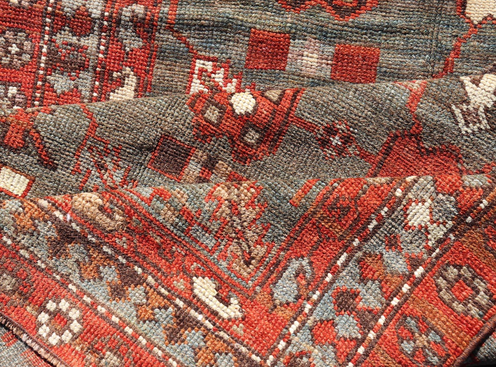 Kurdish Antique Runner in Vibrant Blue-Teal Background and Multi-Tiered Border In Good Condition For Sale In Atlanta, GA