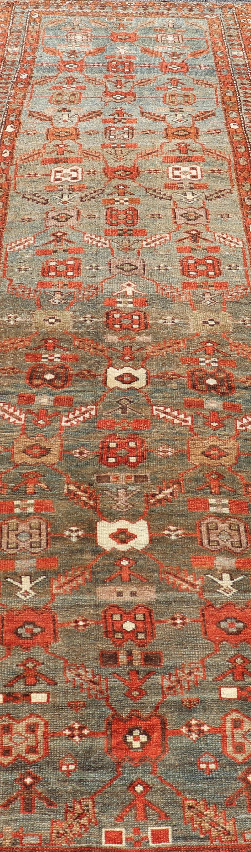 20th Century Kurdish Antique Runner in Vibrant Blue-Teal Background and Multi-Tiered Border For Sale