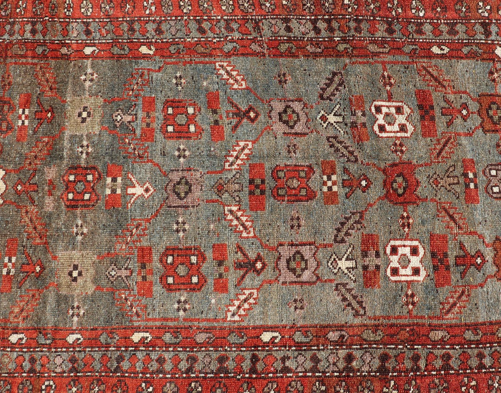 Kurdish Antique Runner in Vibrant Blue-Teal Background and Multi-Tiered Border For Sale 1