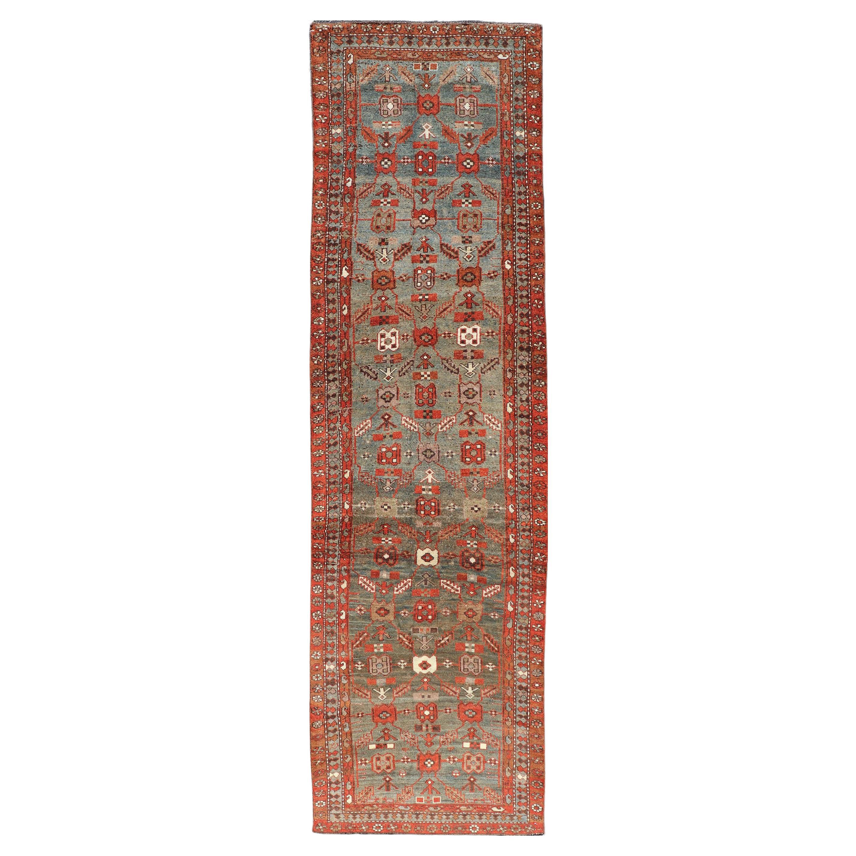 Kurdish Antique Runner in Vibrant Blue-Teal Background and Multi-Tiered Border