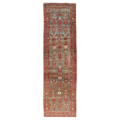 Kurdish Antique Runner in Vibrant Blue-Teal Background and Multi-Tiered Border
