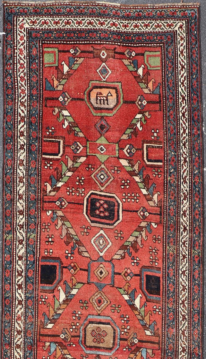 Kurdish Antique Runner in Vibrant Red Background and Multi-tiered Border For Sale 2