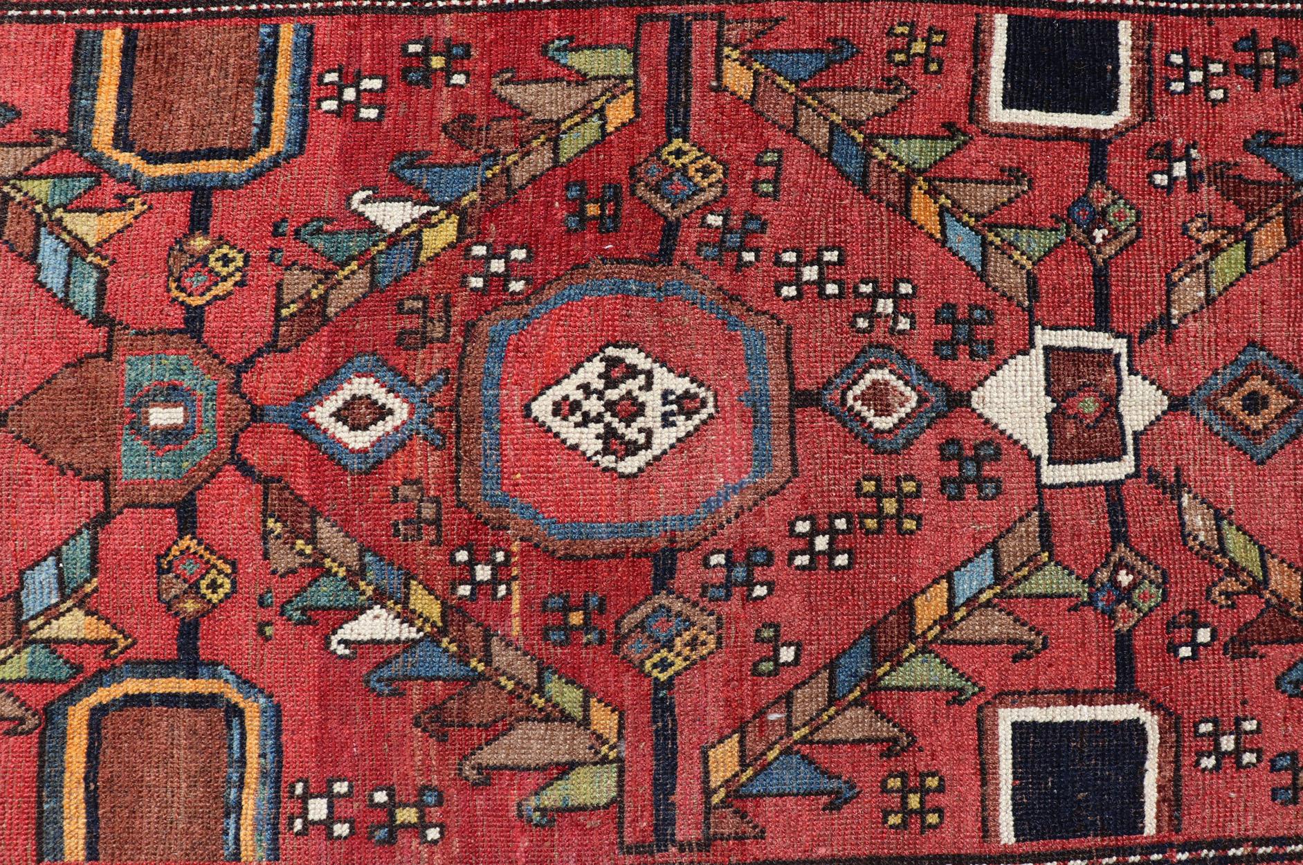 Kurdish Antique Runner in Vibrant Red Background and Multi-tiered Border In Good Condition For Sale In Atlanta, GA