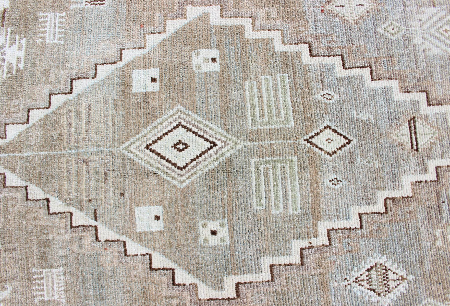 Kurdish Antique Runner with Tribal Design in Light Green, Taupe & Orange-Red For Sale 3