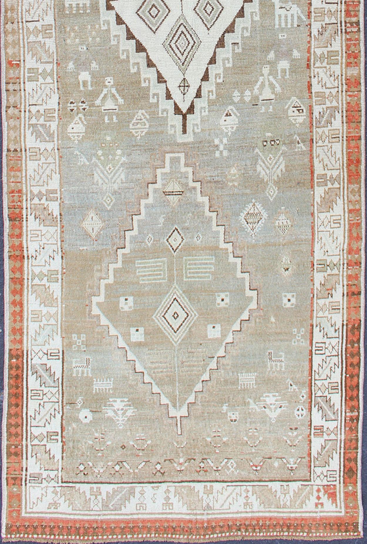 Persian Kurdish Antique Runner with Tribal Design in Light Green, Taupe & Orange-Red For Sale