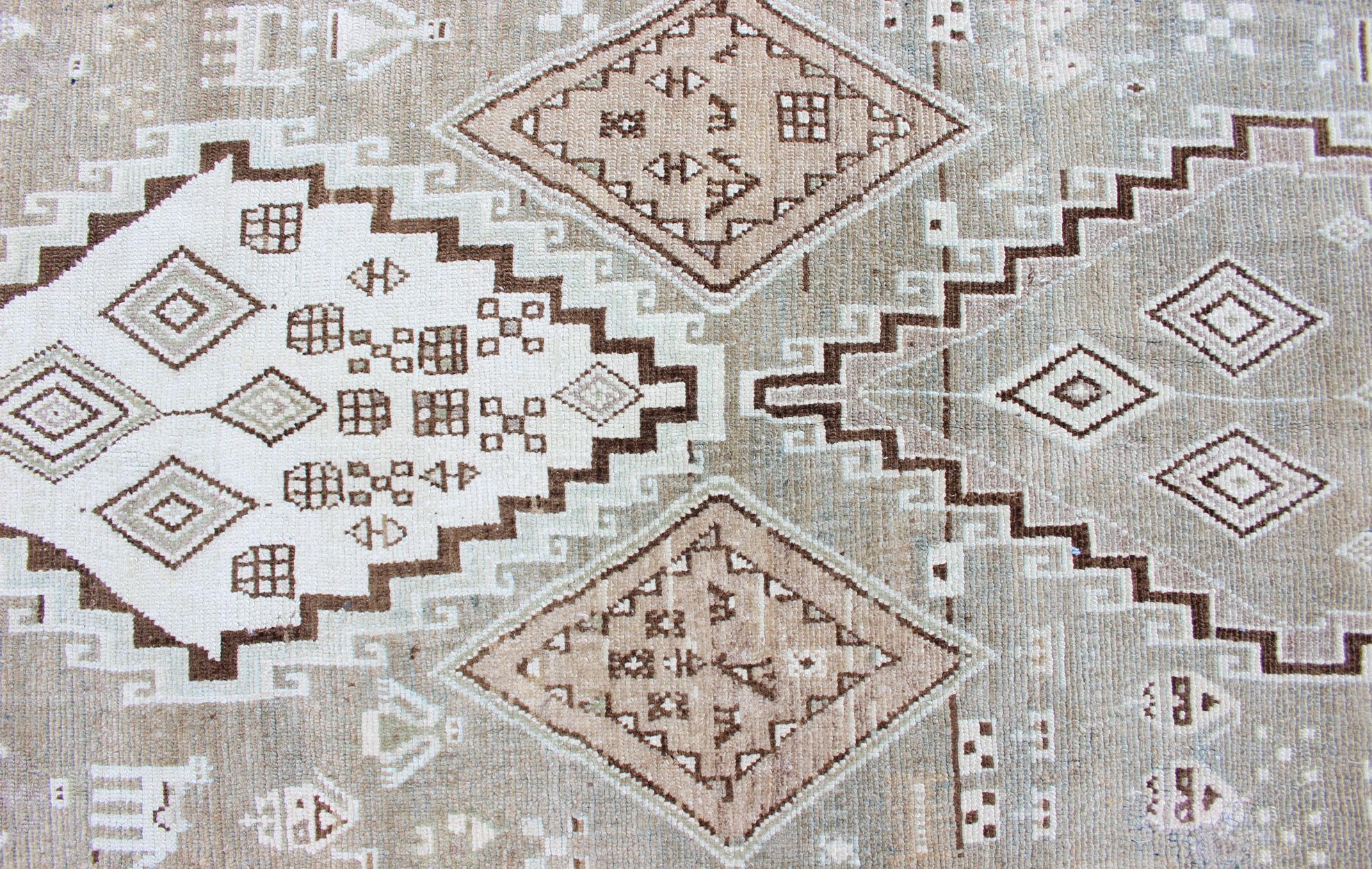 Wool Kurdish Antique Runner with Tribal Design in Light Green, Taupe & Orange-Red For Sale