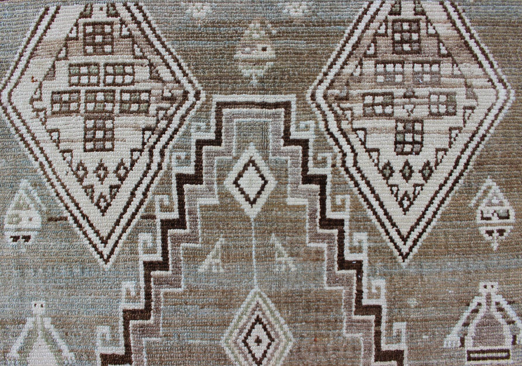 Kurdish Antique Runner with Tribal Design in Light Green, Taupe & Orange-Red For Sale 1