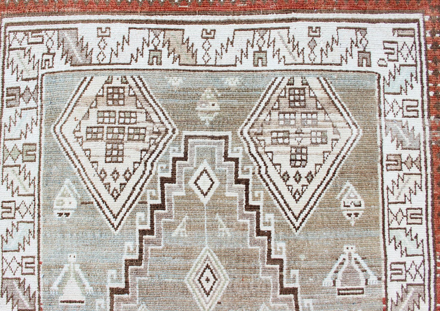 Kurdish Antique Runner with Tribal Design in Light Green, Taupe & Orange-Red For Sale 2