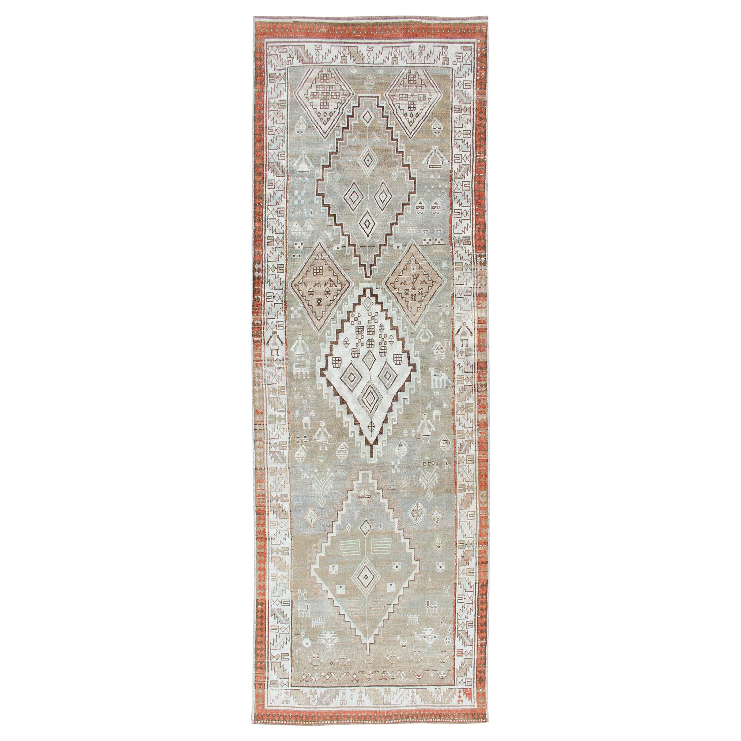Kurdish Antique Runner with Tribal Design in Light Green, Taupe & Orange-Red For Sale
