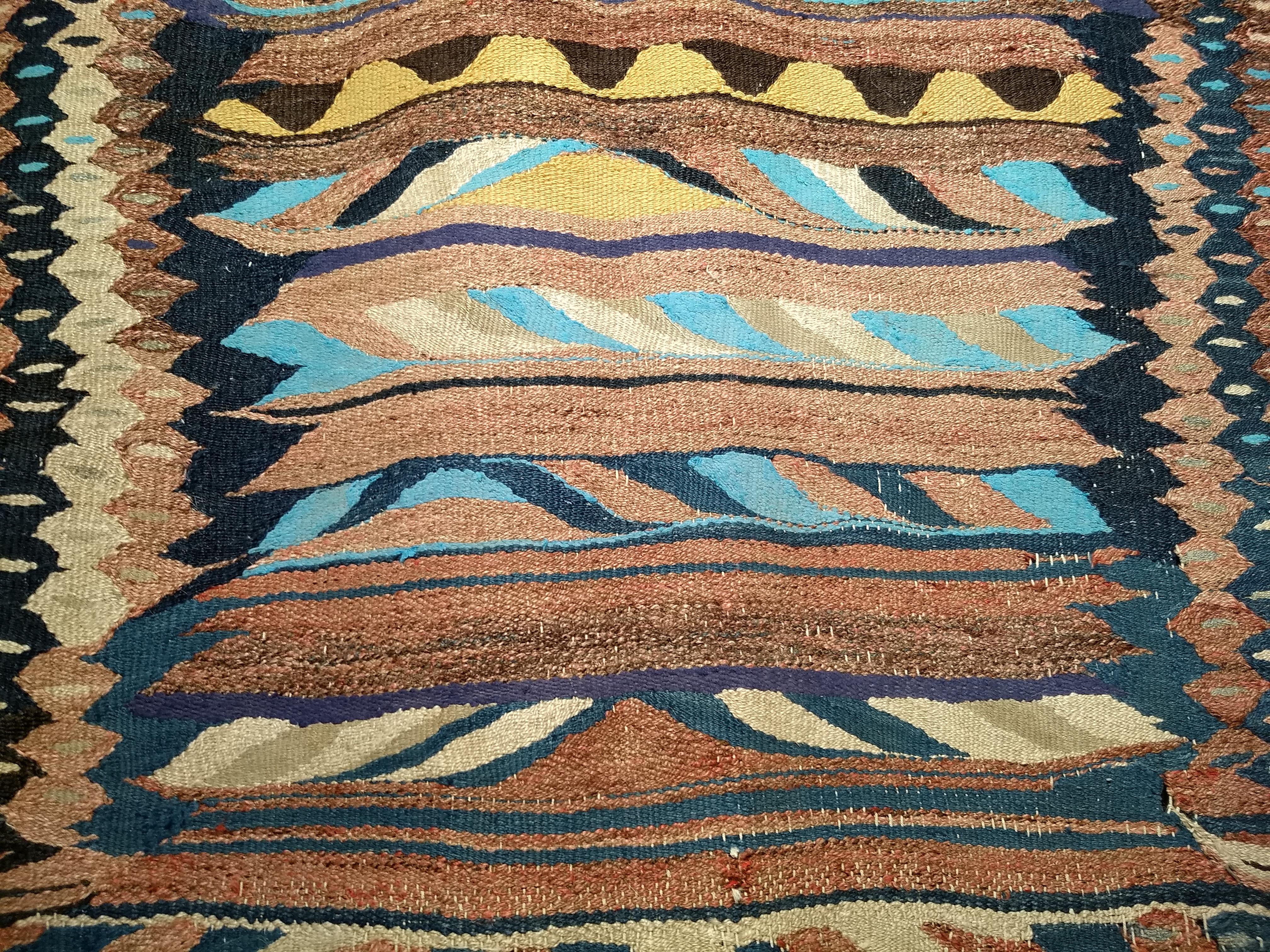 Vintage Kurdish Tapestry Kilim in Turquoise, Aqua, Green, Yellow, Red, Navy For Sale 4