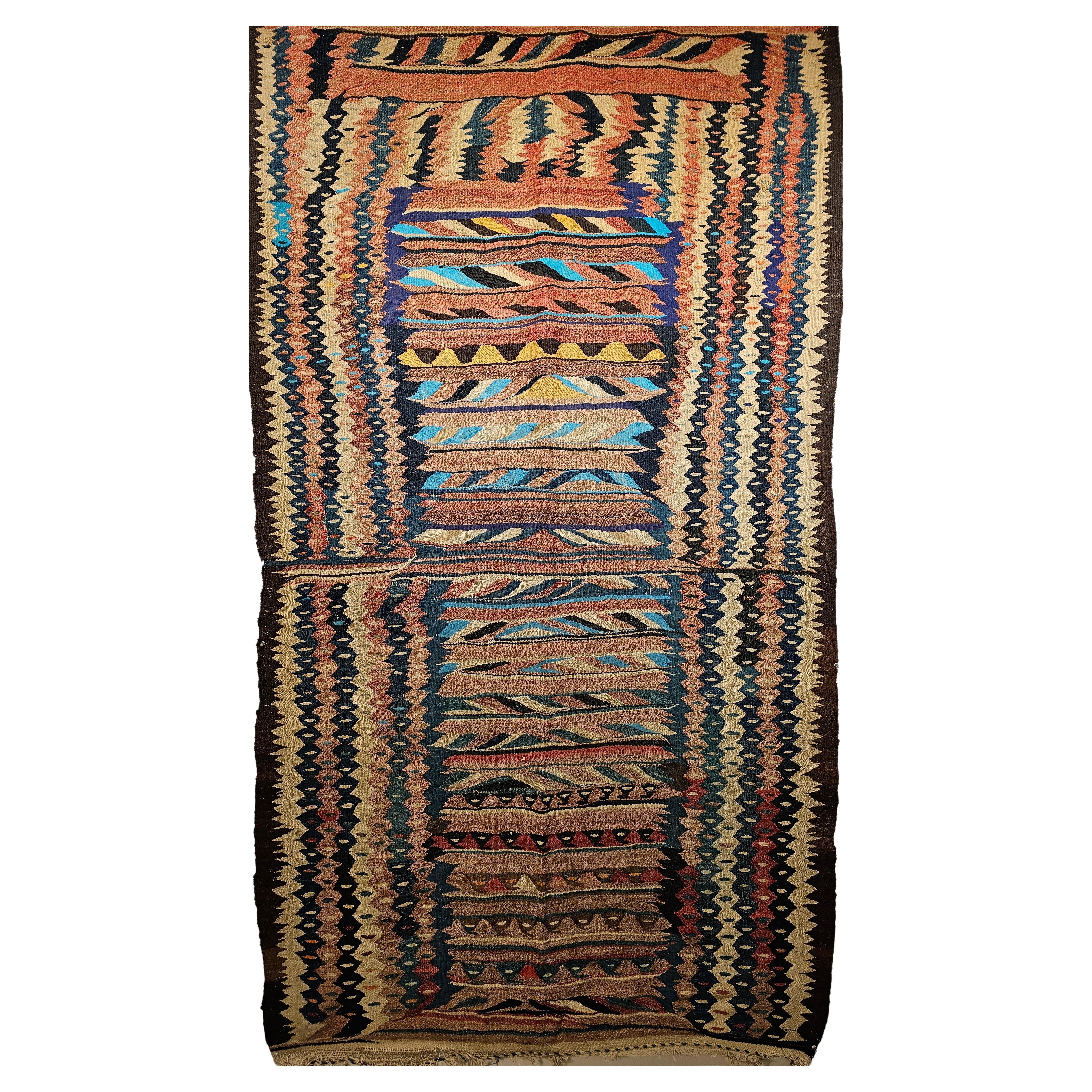 Vintage Kurdish Tapestry Kilim in Turquoise, Aqua, Green, Yellow, Red, Navy For Sale