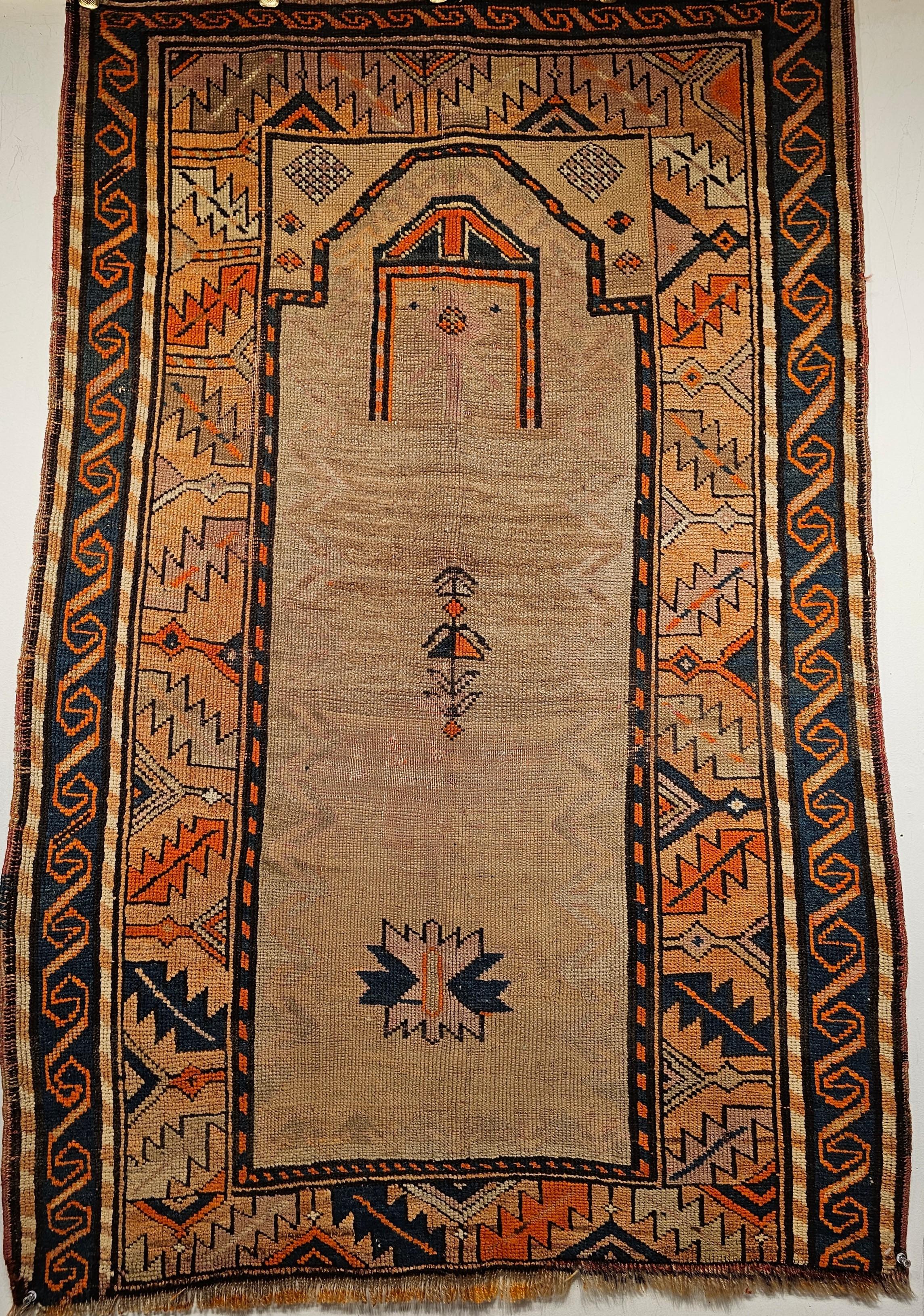 Vintage Kurdish Area Rug in Prayer Pattern in Camelhair, Brick, Navy, Lavender For Sale 4