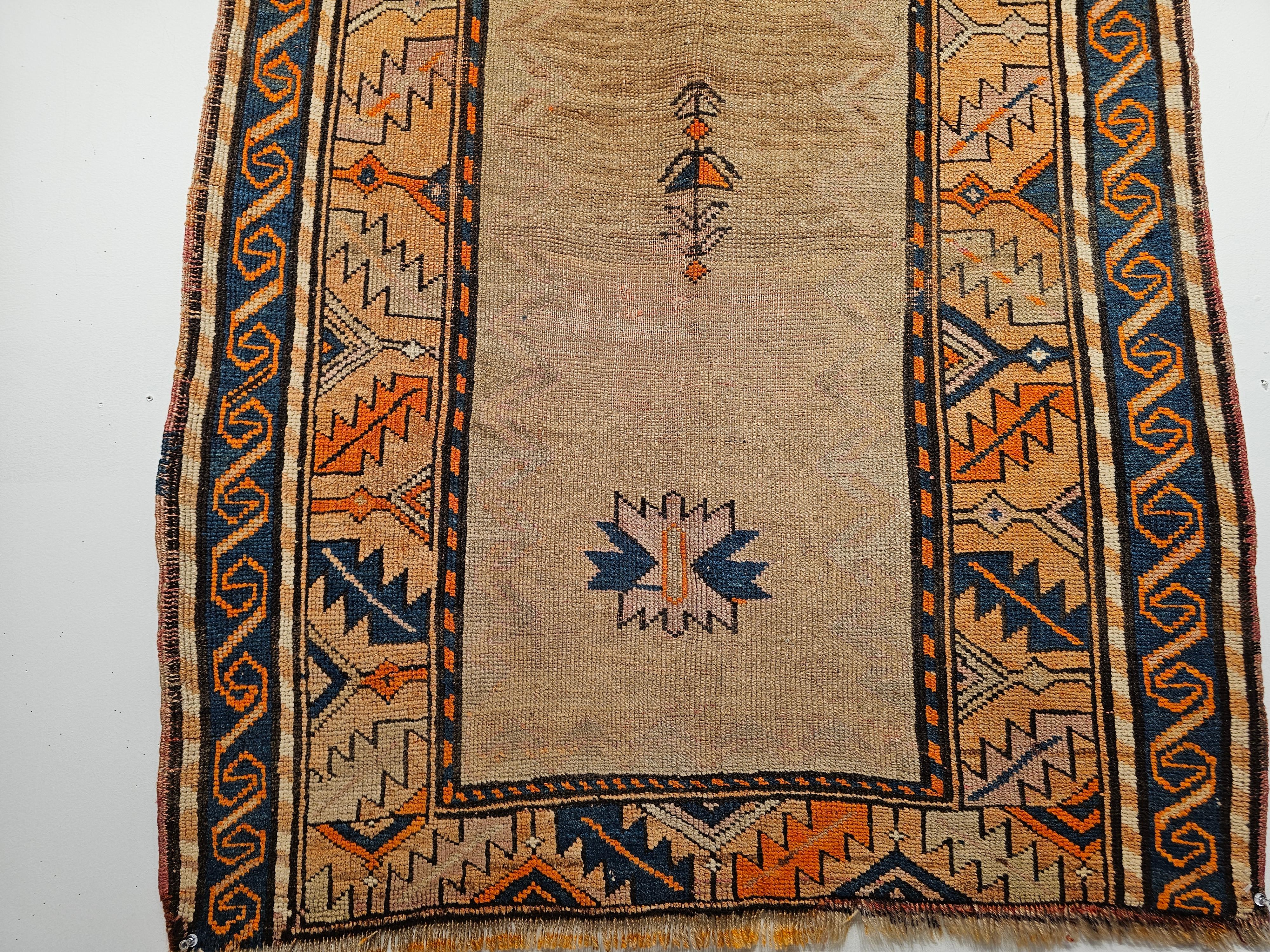 Persian Vintage Kurdish Area Rug in Prayer Pattern in Camelhair, Brick, Navy, Lavender For Sale