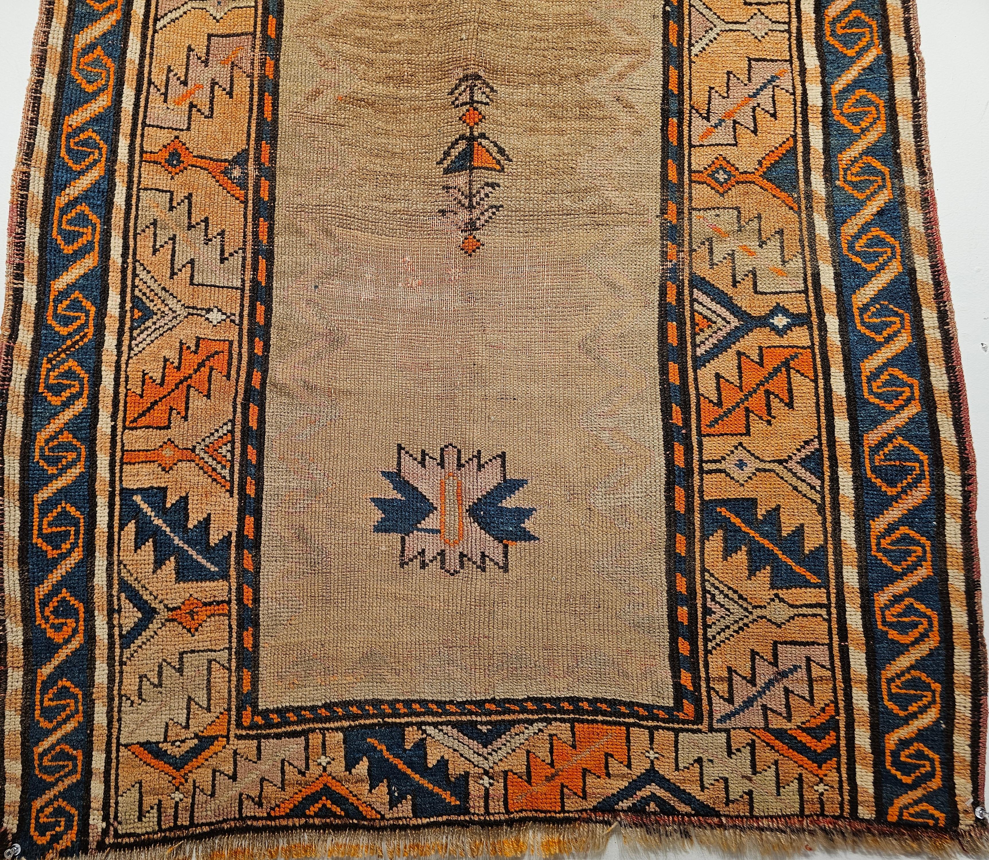 Hand-Woven Vintage Kurdish Area Rug in Prayer Pattern in Camelhair, Brick, Navy, Lavender For Sale