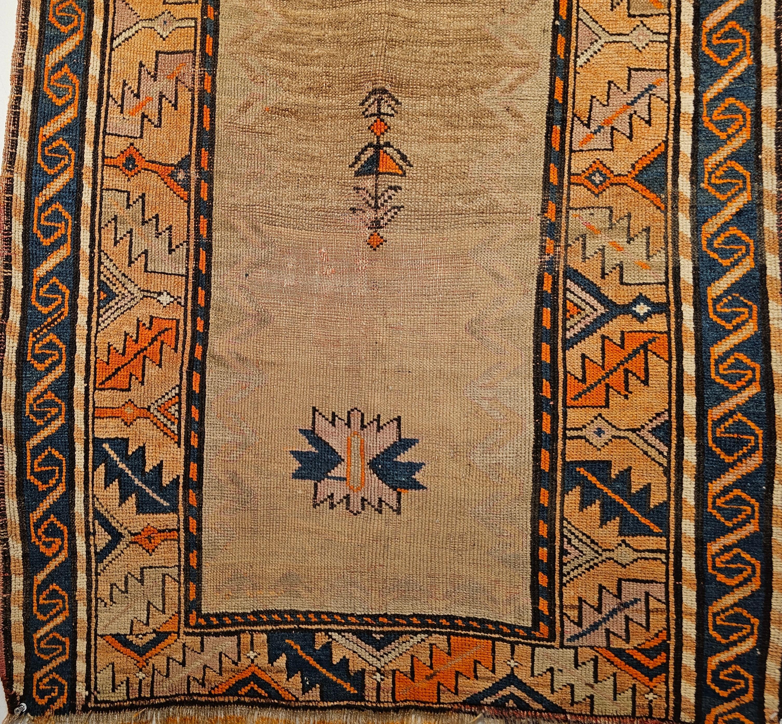 Wool Vintage Kurdish Area Rug in Prayer Pattern in Camelhair, Brick, Navy, Lavender For Sale