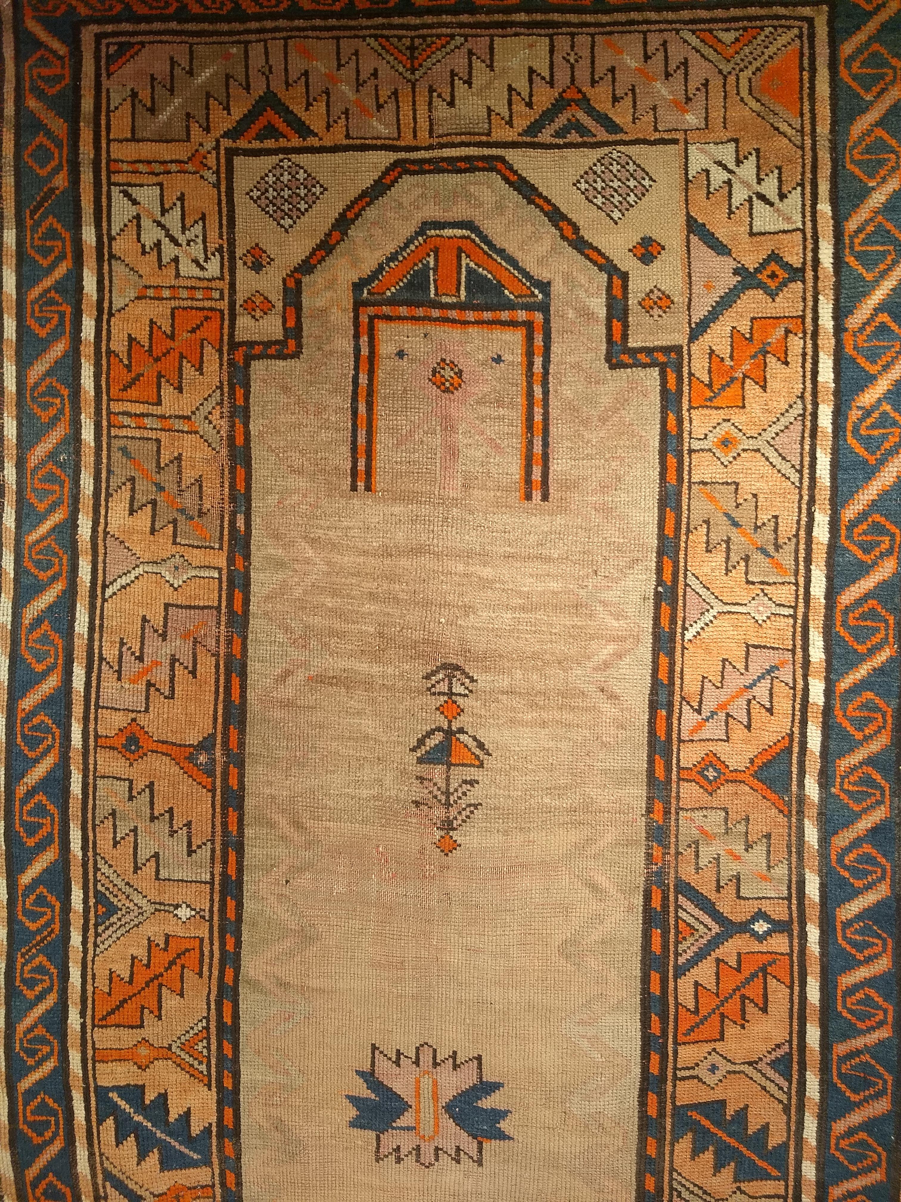 Vintage Kurdish Area Rug in Prayer Pattern in Camelhair, Brick, Navy, Lavender For Sale 2