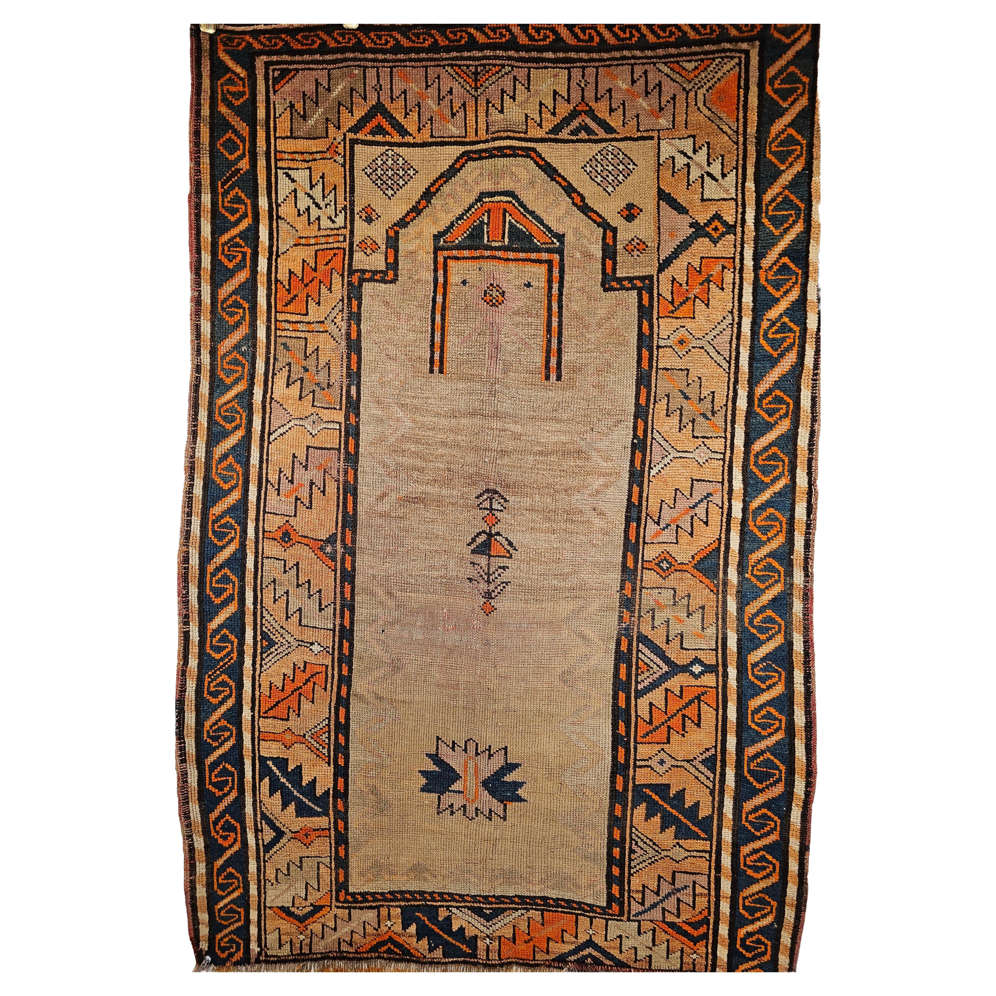 Vintage Kurdish Area Rug in Prayer Pattern in Camelhair, Brick, Navy, Lavender