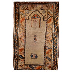 Vintage Kurdish Area Rug in Prayer Pattern in Camelhair, Brick, Navy, Lavender