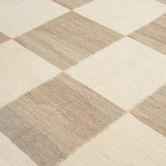 Kurdish Checkerboard Kilim, Large Turkish Undyed Earth-Toned Wool Rug, Vintage
