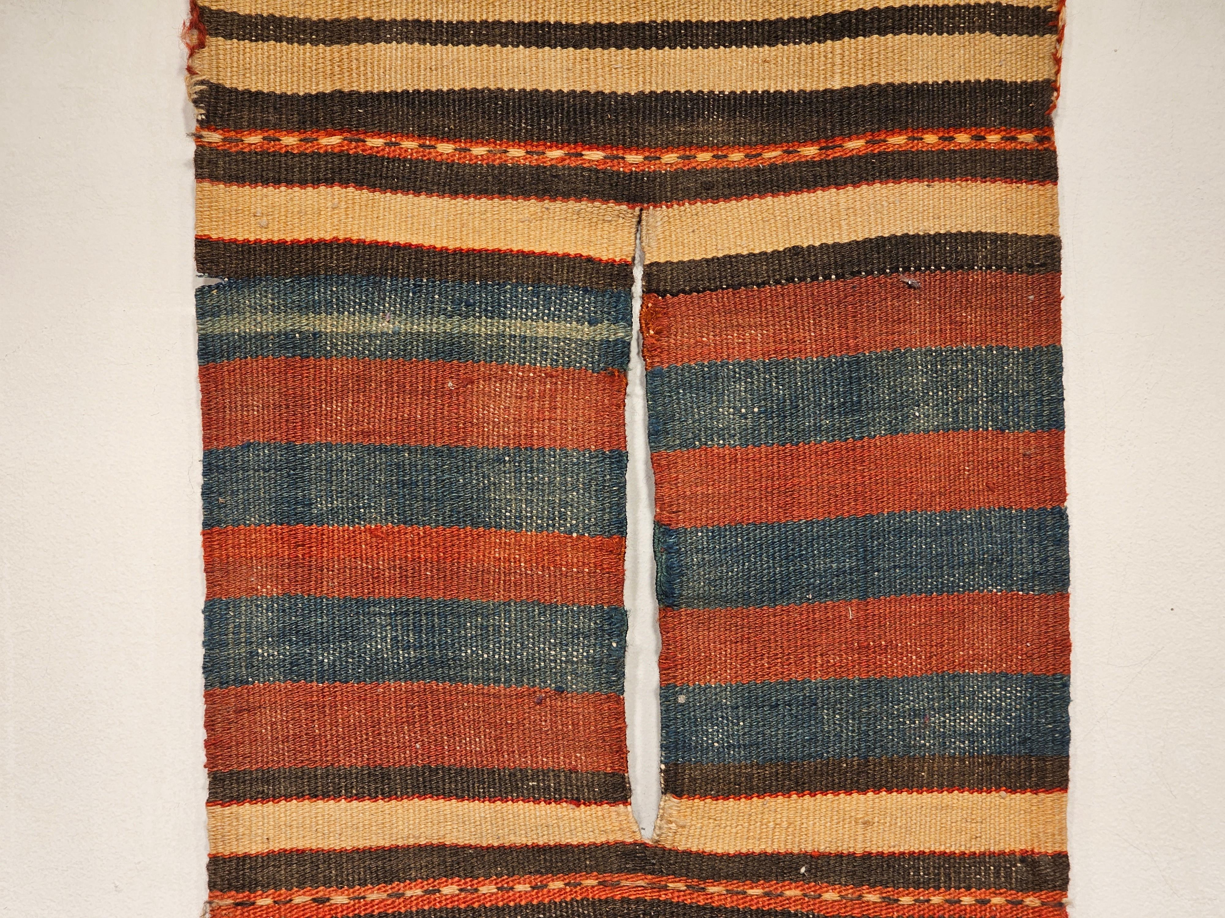 Wool Vintage Uzbek Kilim Double Saddle Bag in Stripe Pattern in Blue, Yellow, Brown  For Sale