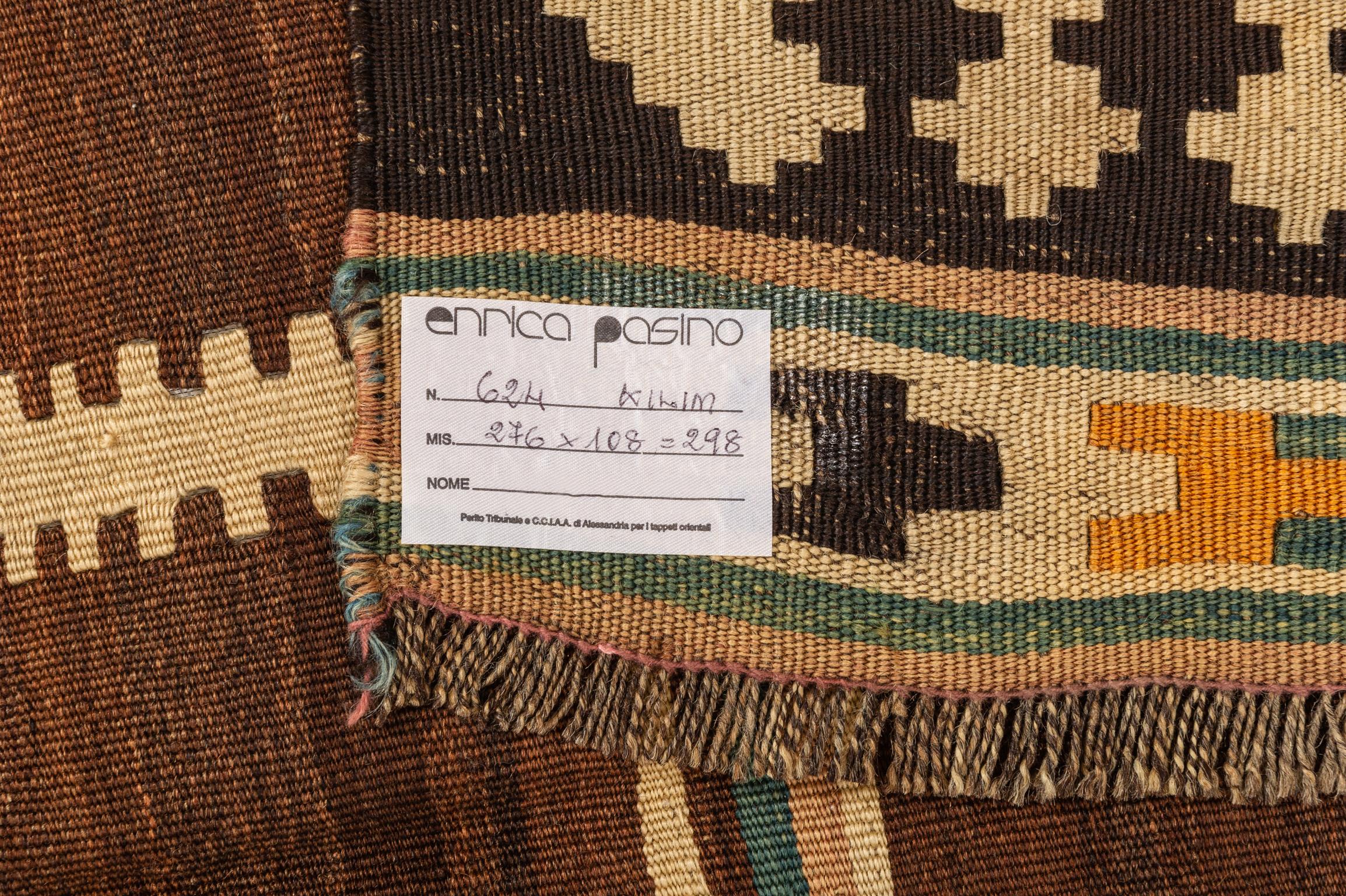 nr. 624 -  For this carpet : wool dyed with vegetable substances: brown by walnut husk, yellow with saffron.
Very beautiful and elegant in its simplicity, even in front of a wardrobe or a bookcase.
From my private collection for Your home.
