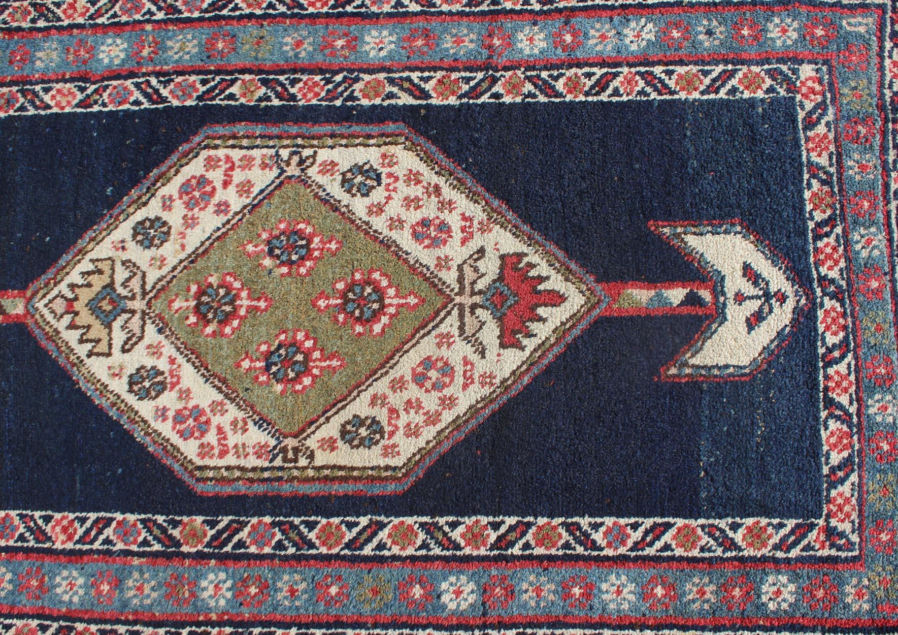Wool Kurdish Rug with Blue Background and Two Large Tribal Motifs Runner