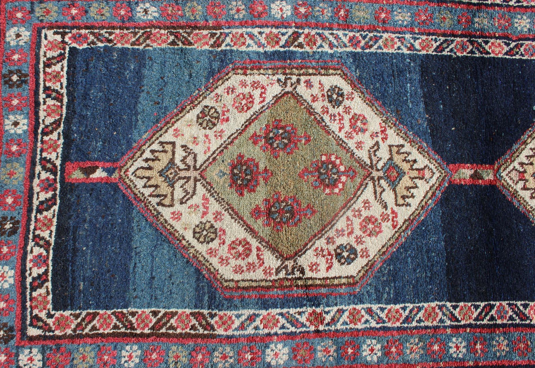 Kurdish Rug with Blue Background and Two Large Tribal Motifs Runner 1