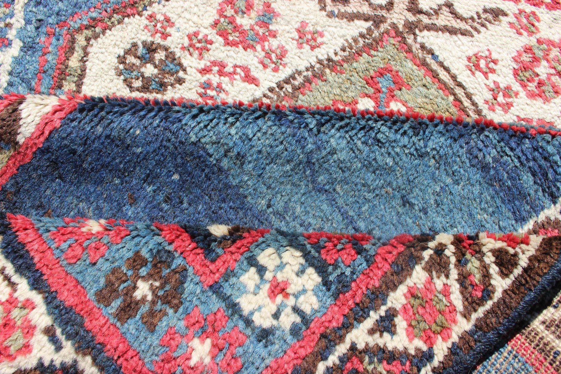 Kurdish Rug with Blue Background and Two Large Tribal Motifs Runner 2