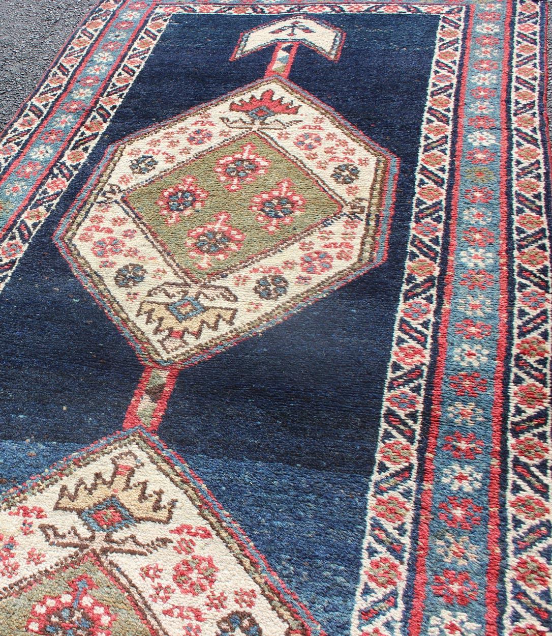 Persian Kurdish Rug with Blue Background and Two Large Tribal Motifs Runner
