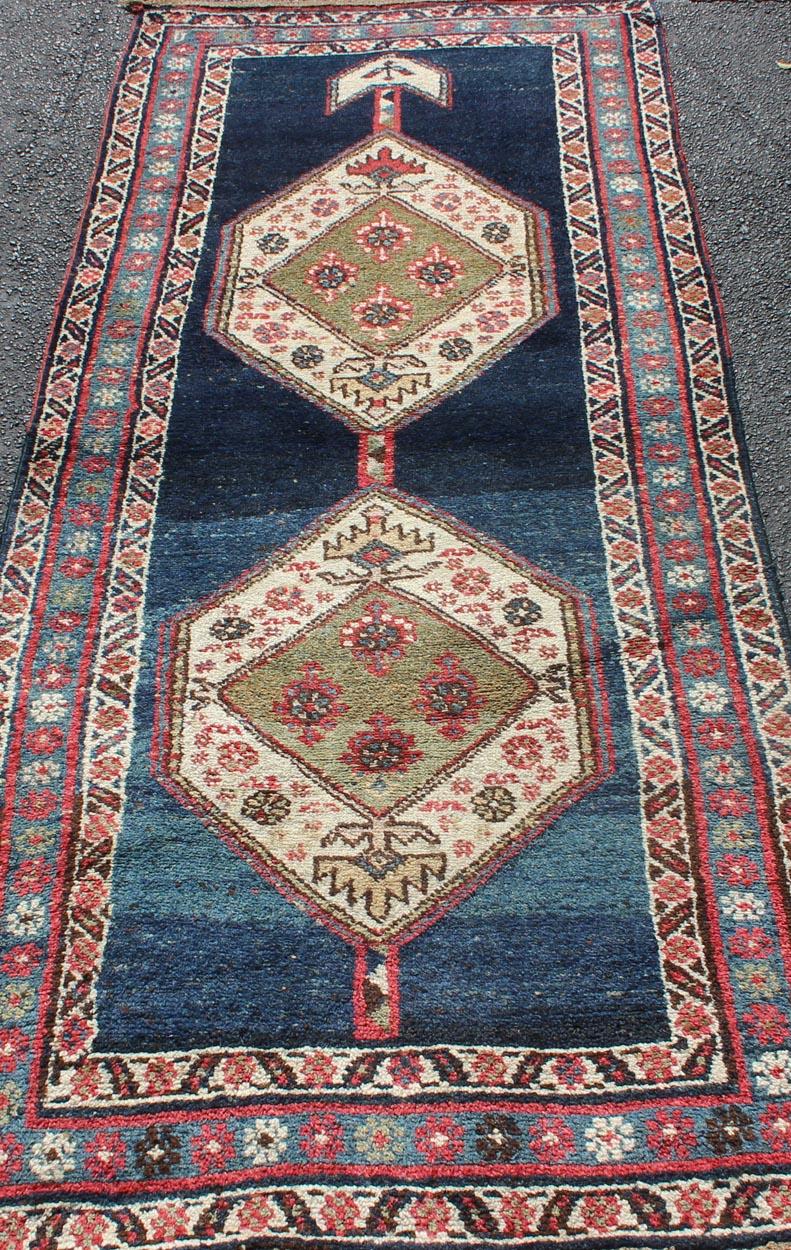 Hand-Knotted Kurdish Rug with Blue Background and Two Large Tribal Motifs Runner