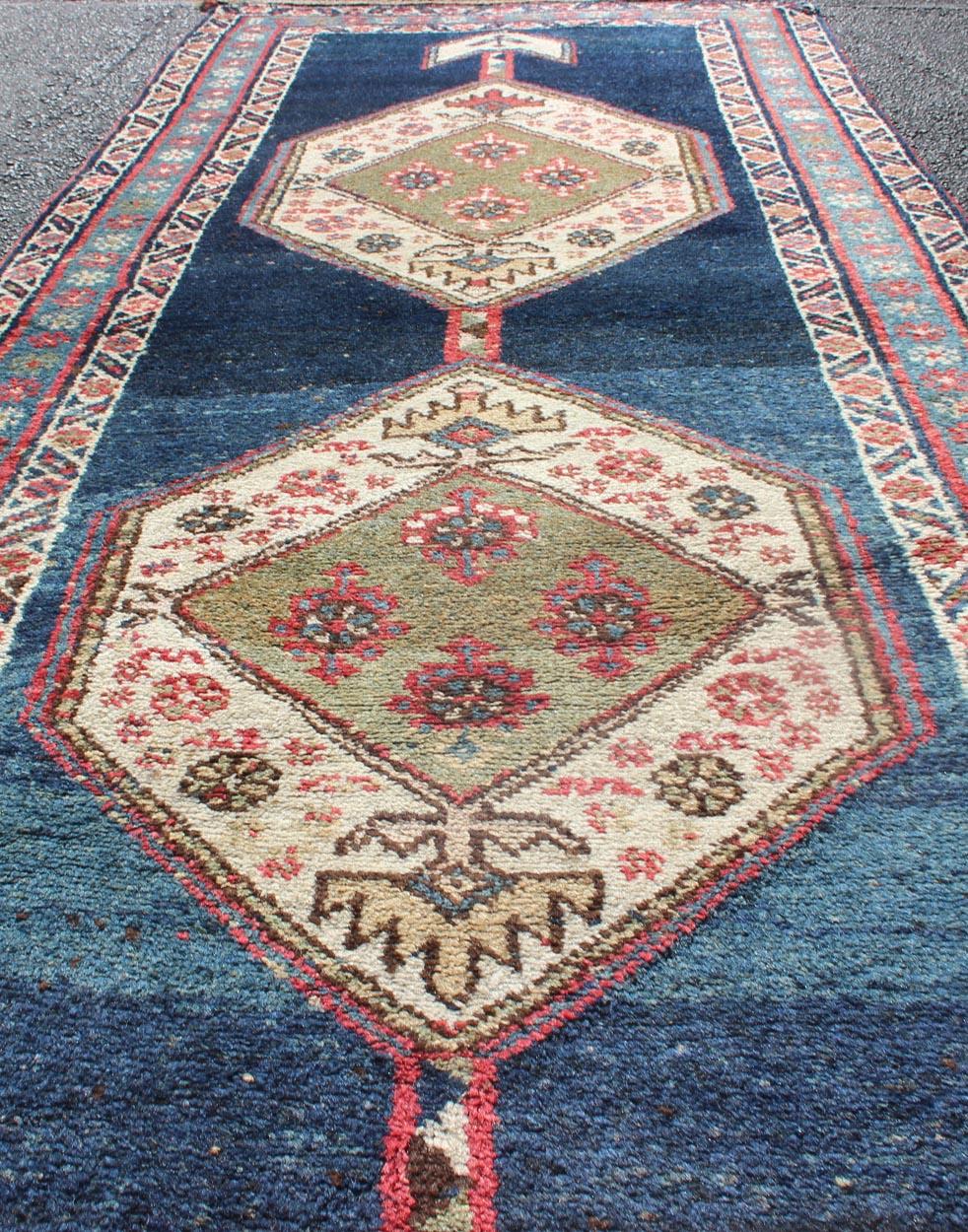 Kurdish Rug with Blue Background and Two Large Tribal Motifs Runner In Good Condition In Atlanta, GA