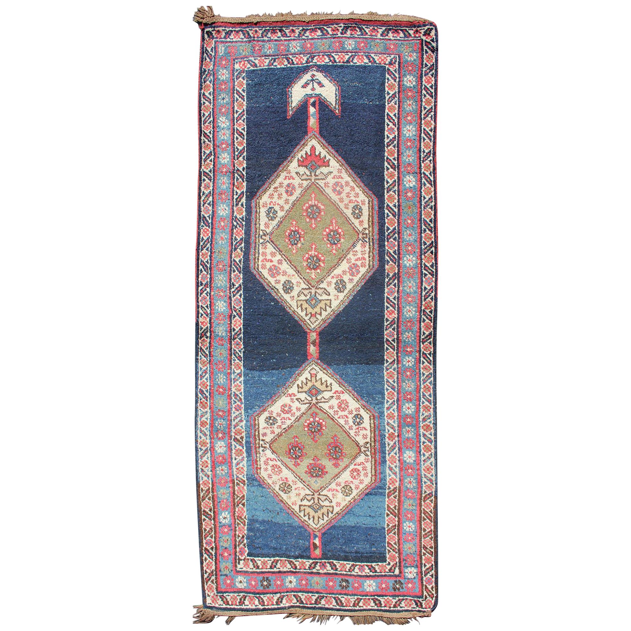 Kurdish Rug with Blue Background and Two Large Tribal Motifs Runner