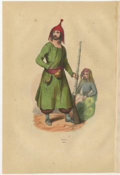 Kurdish Warrior in Traditional Attire from 19th Century Lithograph