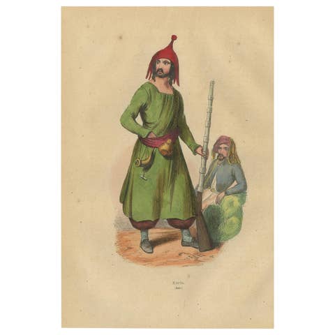 Kurdish Warrior in Traditional Attire from 19th Century Lithograph