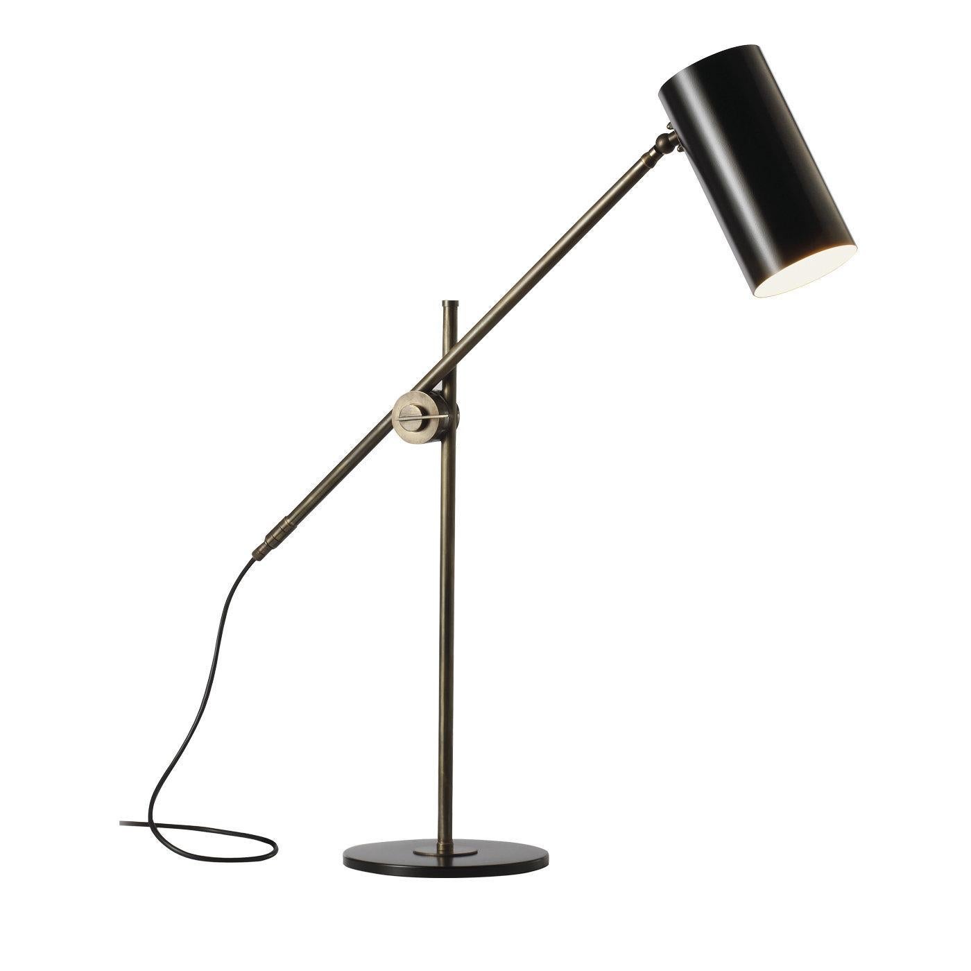 This exquisite desk lamp features geometric shapes and exudes simple sophistication. The round bottom and cylindrical shade are in metal varnished in a black to complement the bronze finish of the brass shafts that, joined together, allow for the