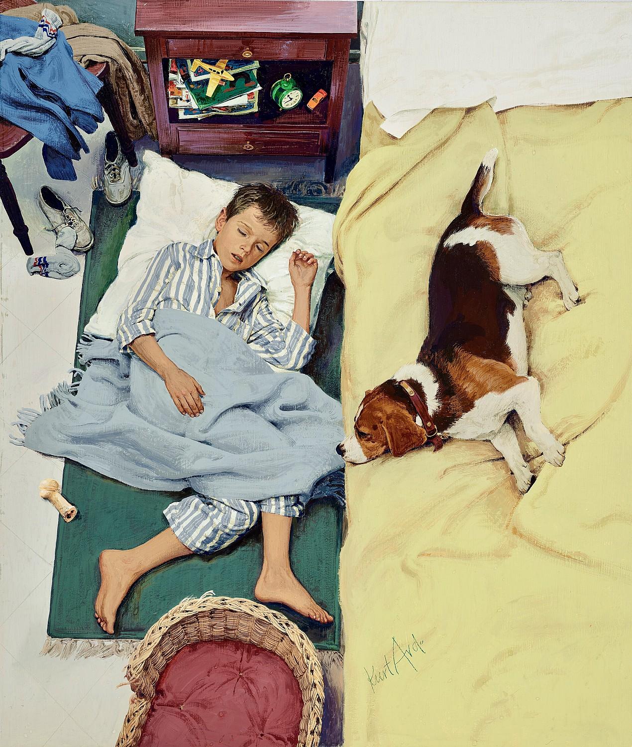 Figurative Painting de Kurt Ard - Amante de los animales - Ilustración de portada de revista con perro y niño pequeño