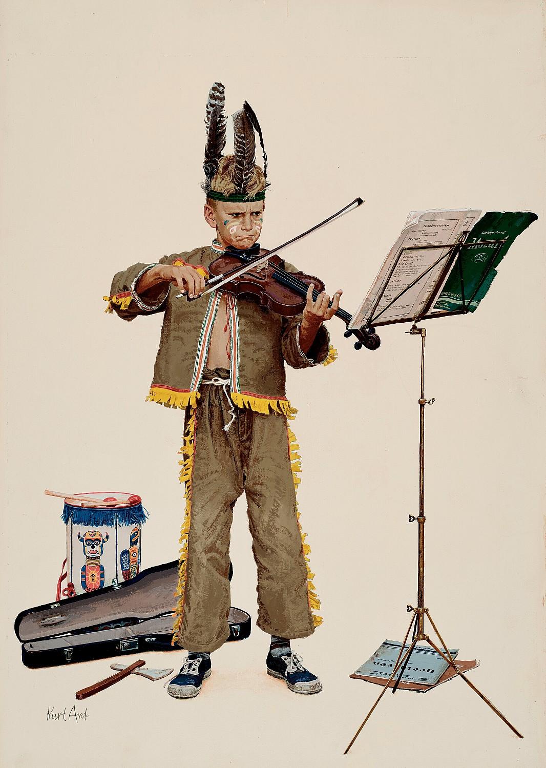 Figurative Painting di Kurt Ard - Ragazzo vestito da indiano che suona il violino - Illustrazione originale