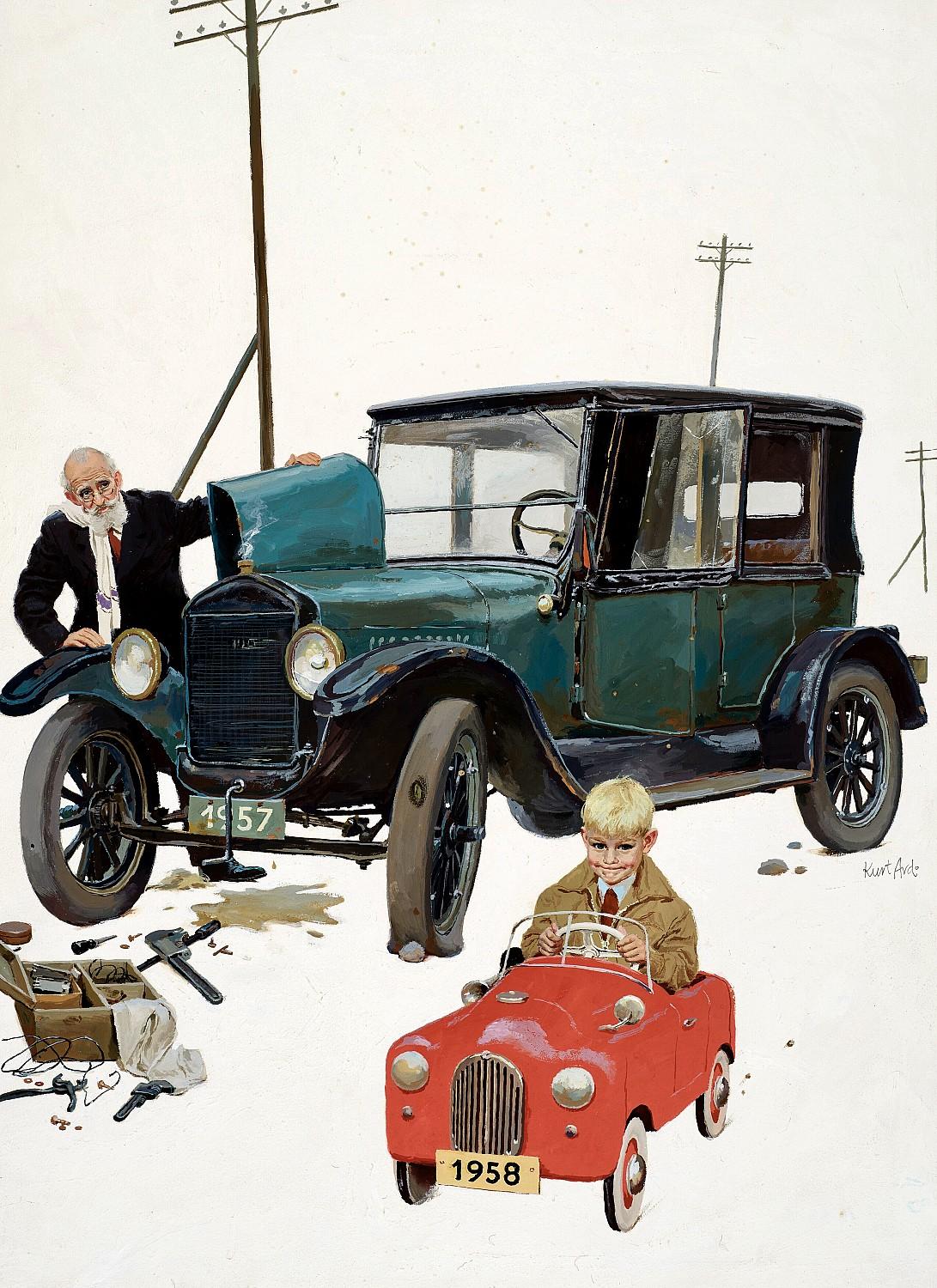 Figurative Painting de Kurt Ard - Año nuevo, coche nuevo - Ilustración original de portada de revista