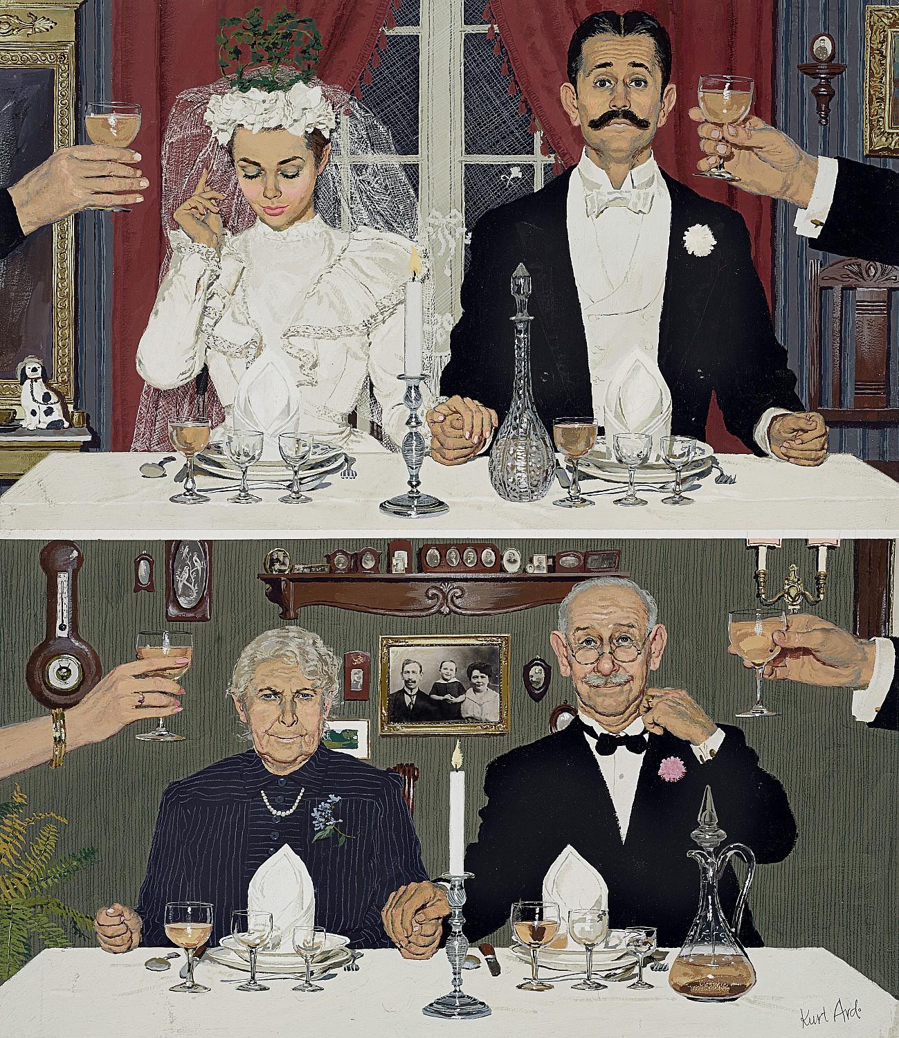 Figurative Painting di Kurt Ard - Giovane coppia di sposi - Vecchia coppia di sposi - Probabile illustrazione di copertina di una rivista