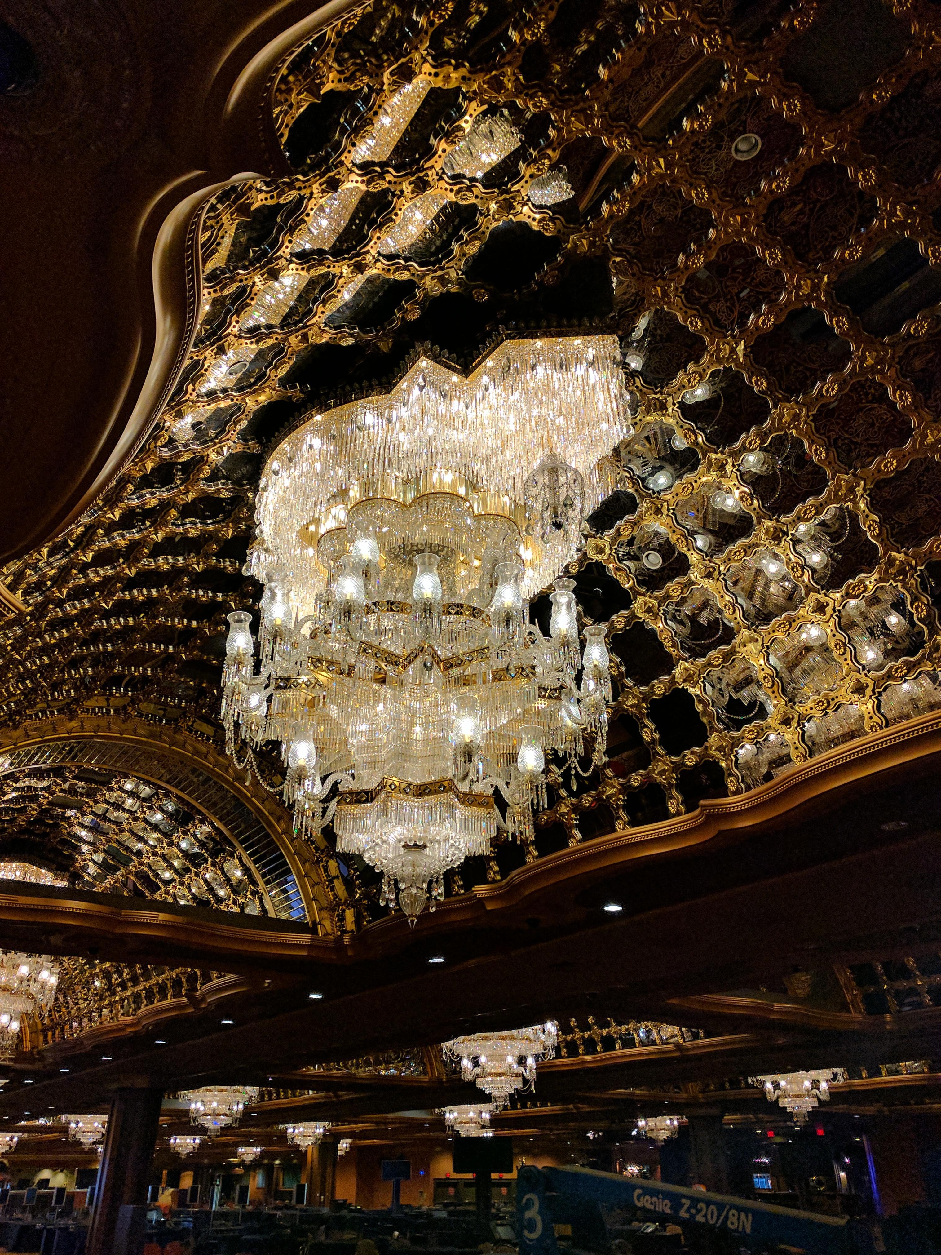 This magnificent chandelier was one of twenty commissioned for the casino at the Taj Mahal Casino in Atlantic City at a cost of 800000.00 EACH (almost 1.7 million today)  in the late 1980s. it was manufactured by Faustig featuring Swarovski Strass