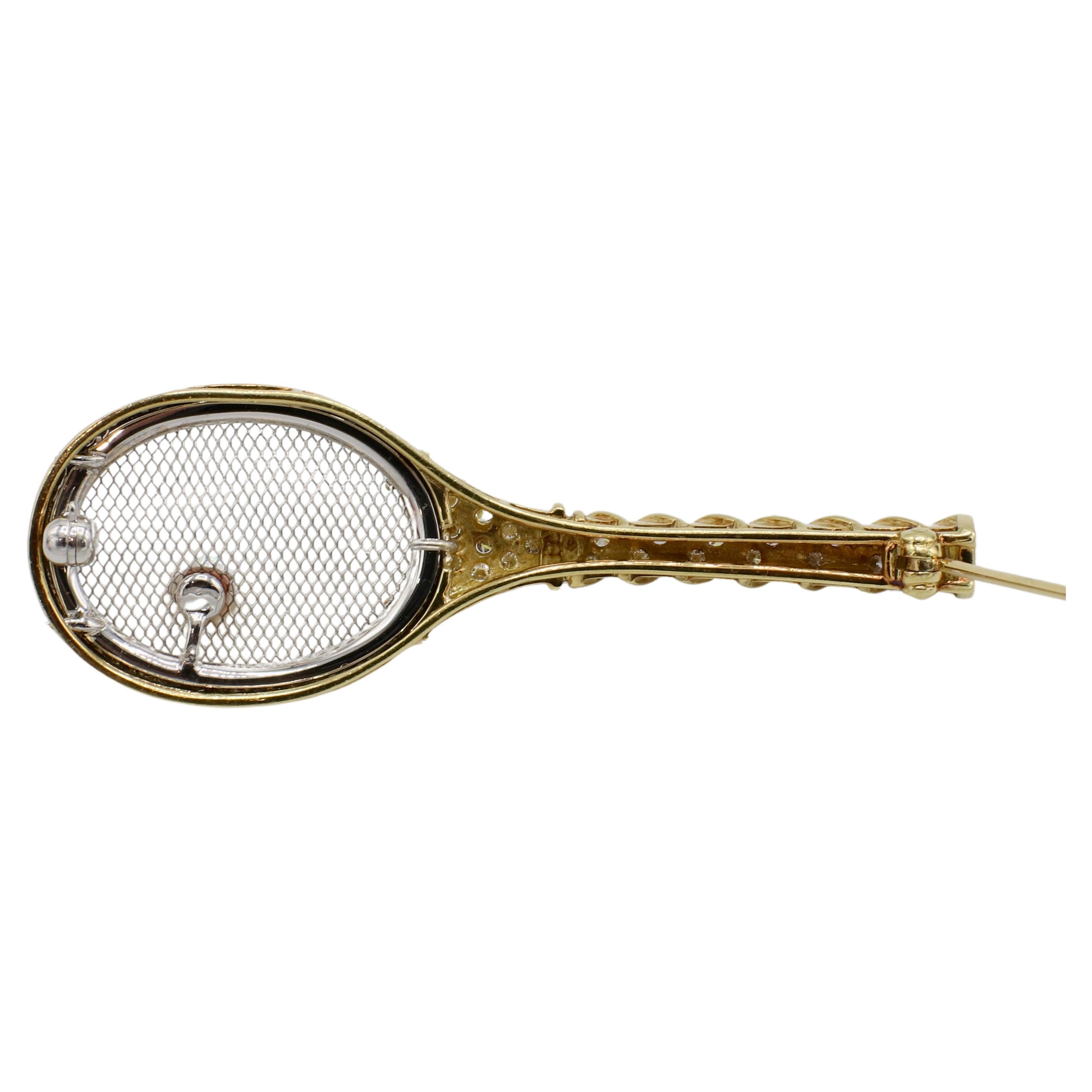 Modern Kurt Gaum 18 Karat Yellow Gold Natural Diamond & Pearl Tennis Racket Pin For Sale
