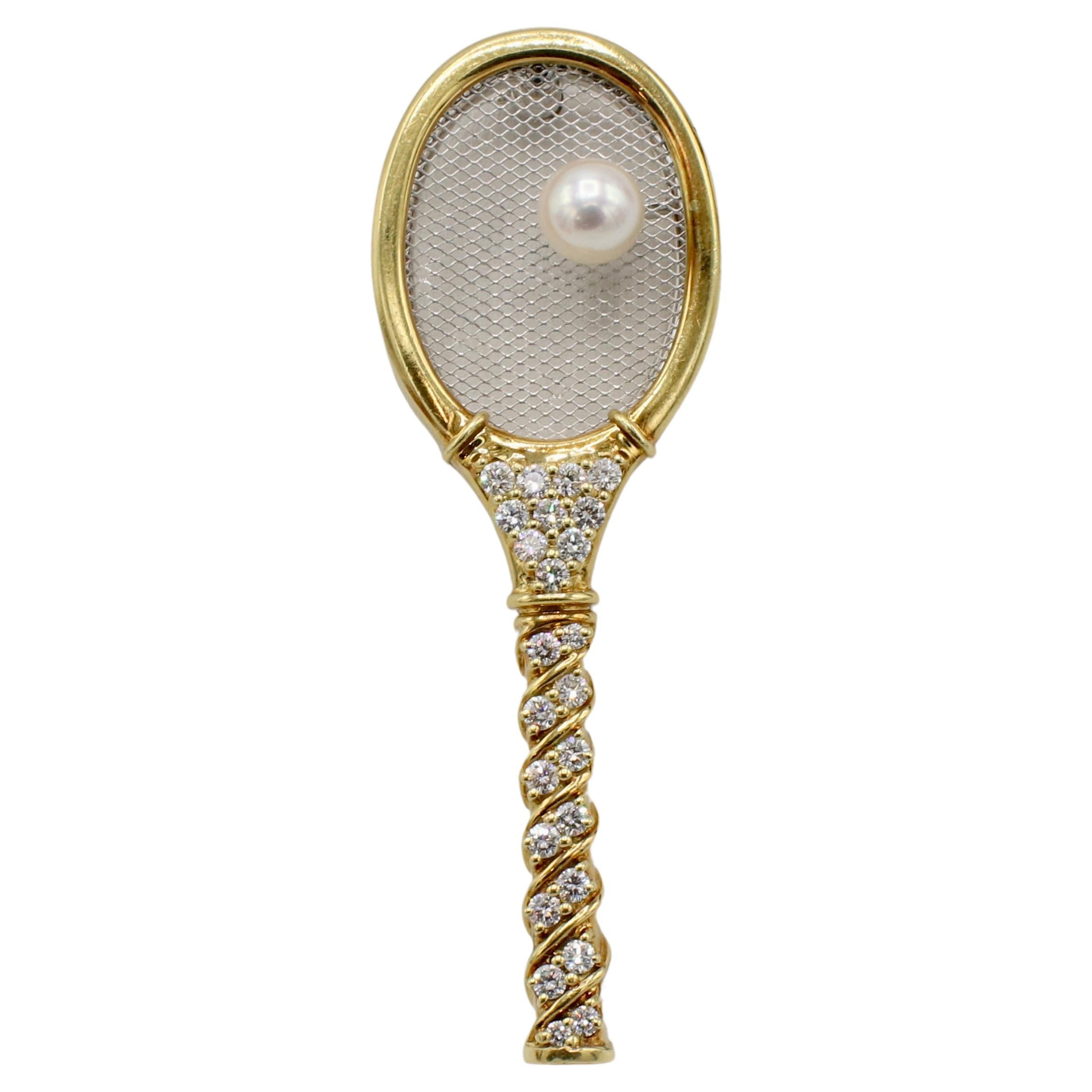 Kurt Gaum 18 Karat Yellow Gold Natural Diamond & Pearl Tennis Racket Pin For Sale